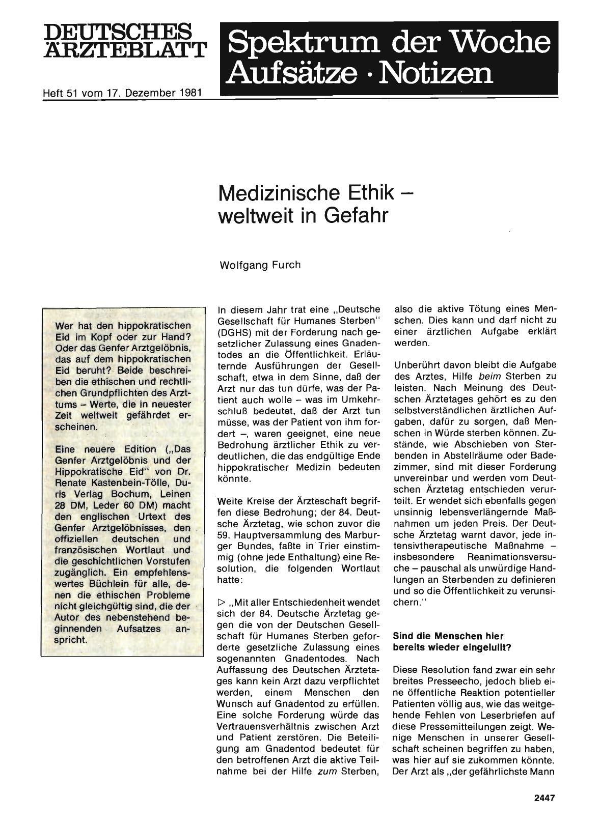 Vorschauseite 1: Medizinische Ethik — weltweit in Gefahr