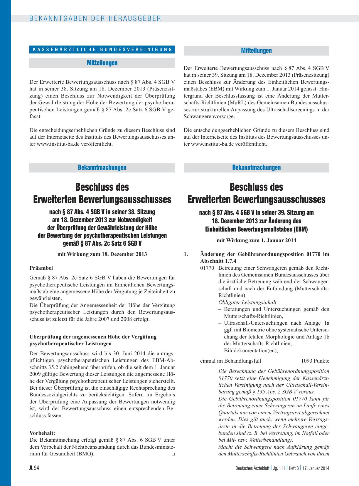 Vorschauseite 1: Beschluss des Erweiterten Bewertungsausschusses nach § 87 Abs. 4 SGB V in seiner 39. Sitzung am 18. Dezember 2013 zur Änderung des Einheitlichen Bewertungsmaßstabes (EBM)
