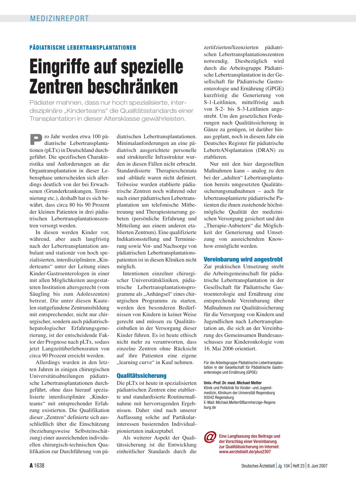 Vorschauseite 1: Pädiatrische Lebertransplantationen: Eingriffe auf spezielle Zentren beschränken