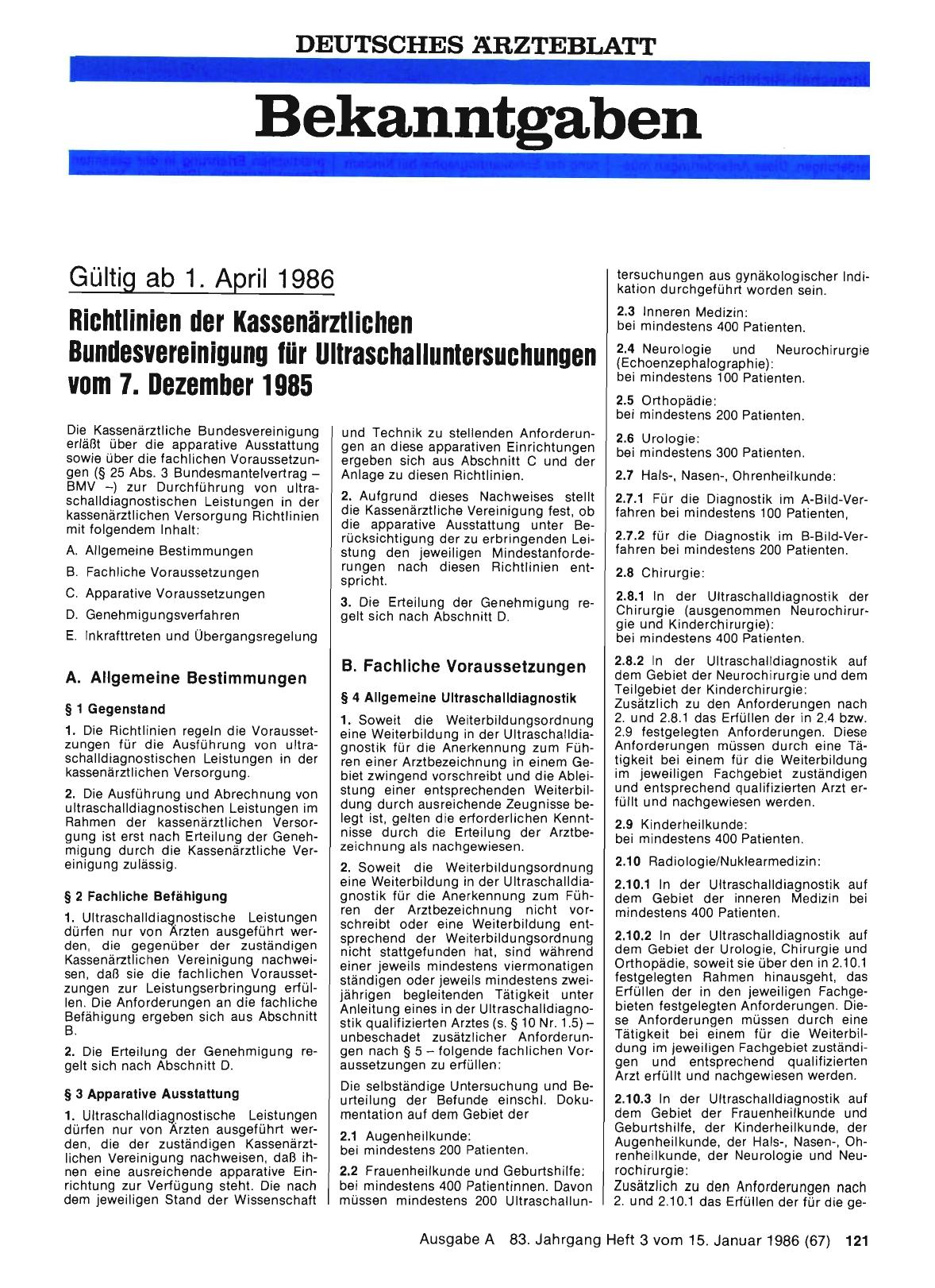 Vorschauseite 1: Gültig ab 1. April 1986: Richtlinien der Kassenärztlichen Bundesvereinigung für Ultraschalluntersuchungen vom 7. Dezember 1985