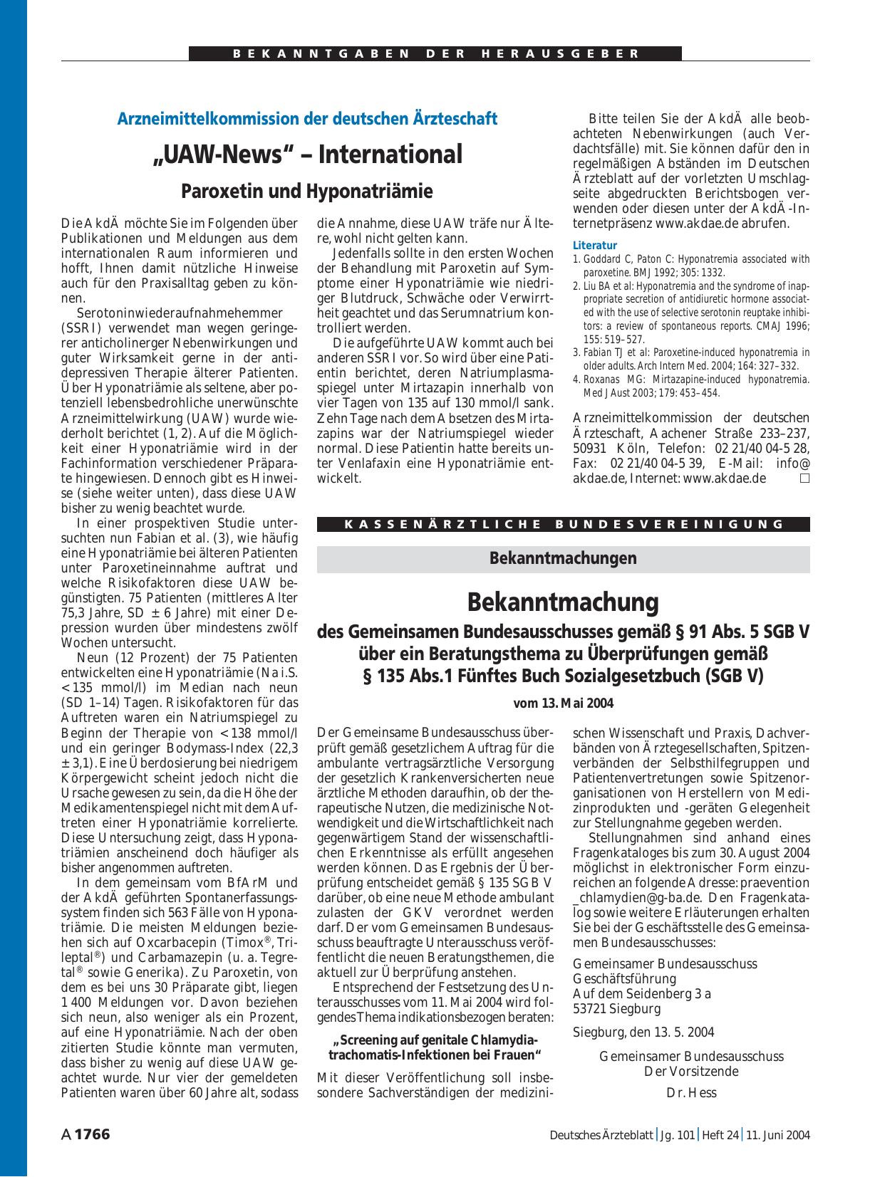 Vorschauseite 1: „UAW-News“ – International: Paroxetin und Hyponatriämie