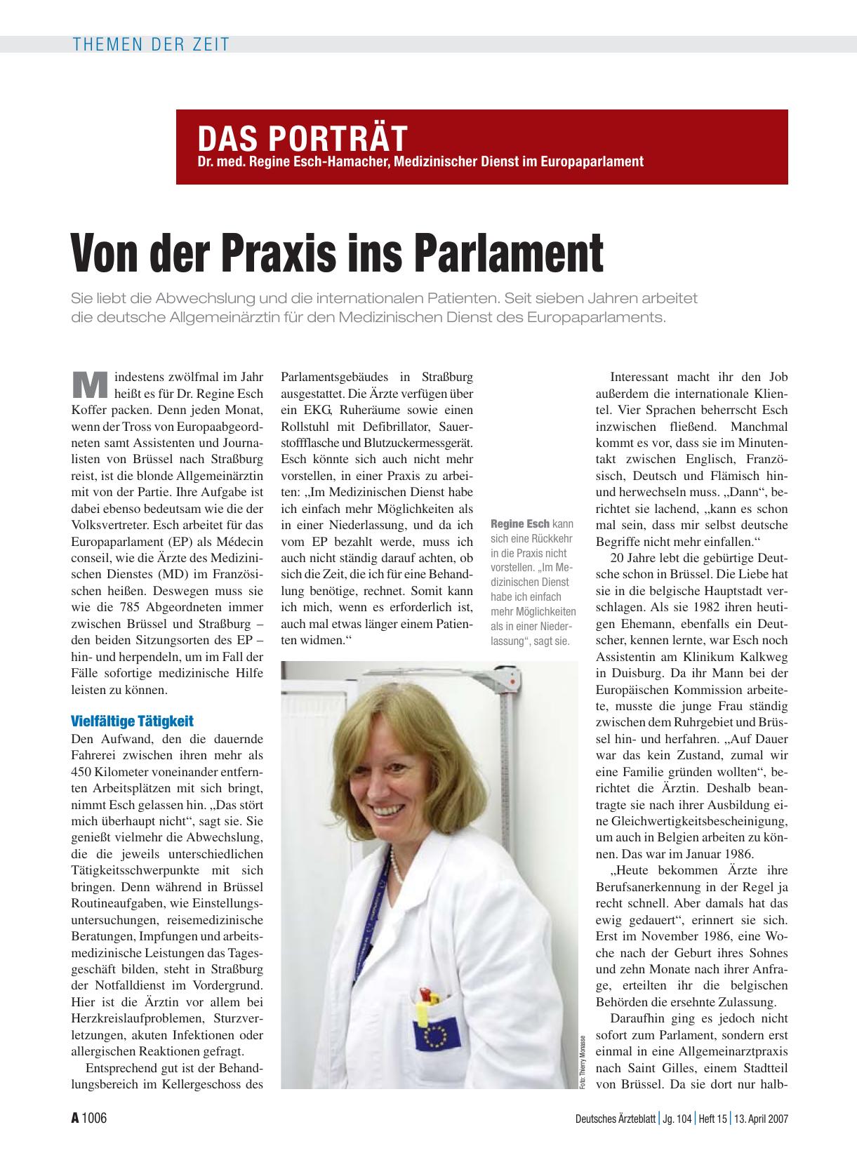 Vorschauseite 1: Dr. med. Regine Esch-Hamacher, Medizinischer Dienst im Europaparlament: Von der Praxis ins Parlament