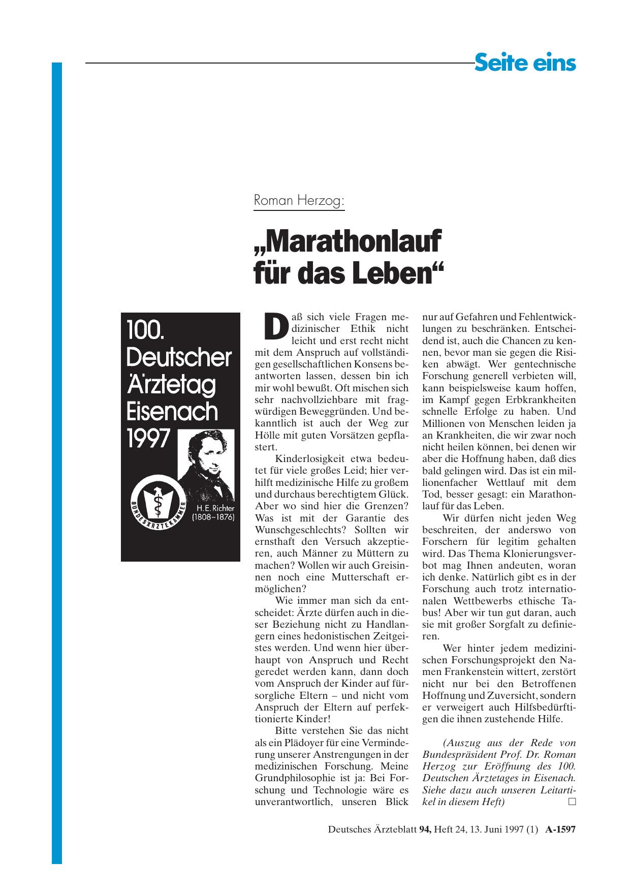 Vorschauseite 1: Roman Herzog: „Marathonlauf für das Leben“