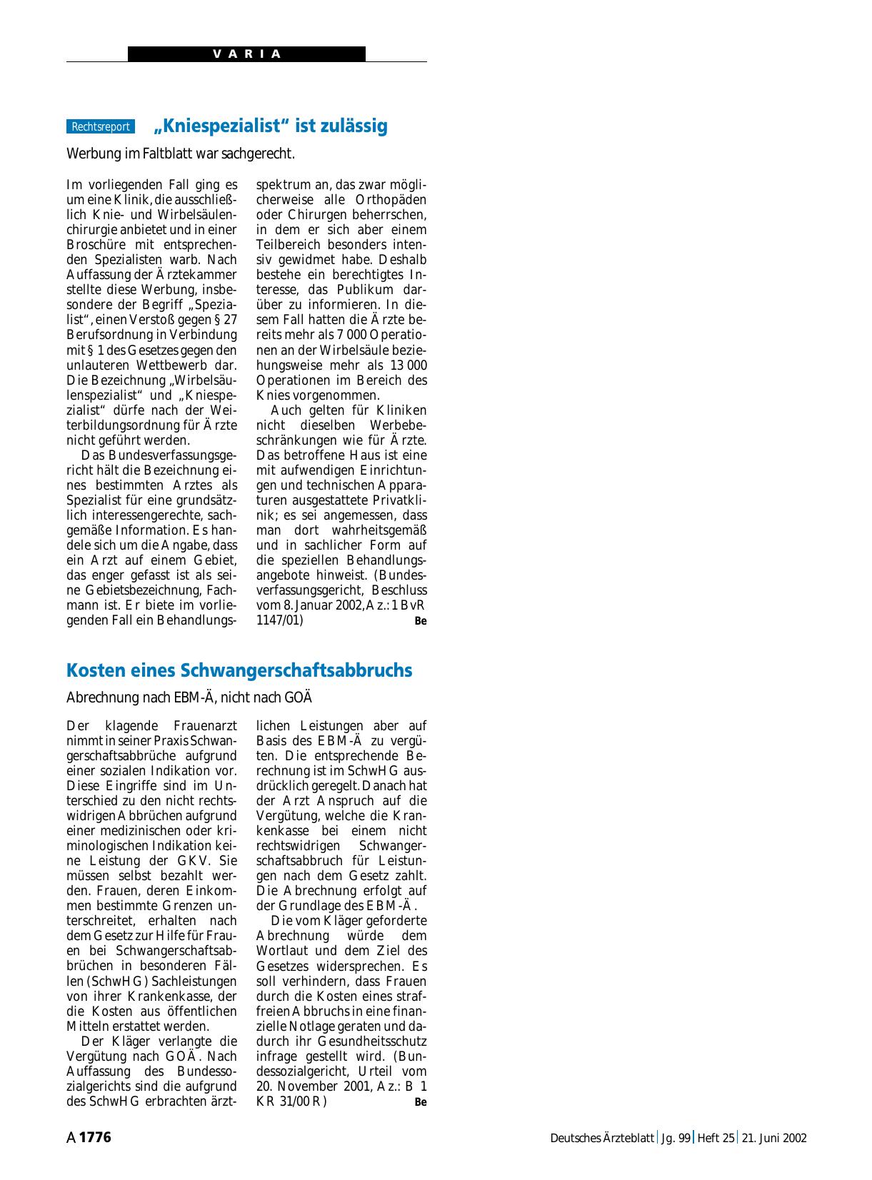 Vorschauseite 1: „Kniespezialist“ ist zulässig: Werbung im Faltblatt war sachgerecht