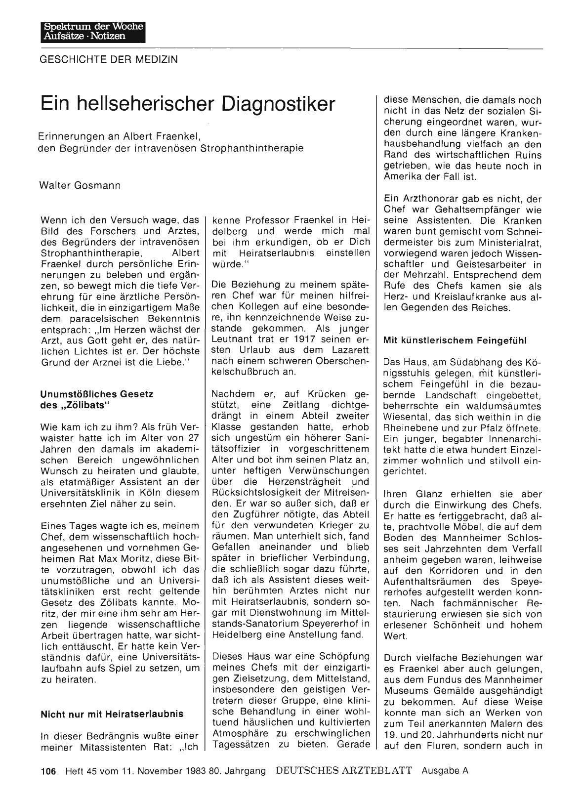 Vorschauseite 1: Ein hellseherischer Diagnostiker: Erinnerungen an Albert Fraenkel, den Begründer der intravenösen Strophanthintherapie