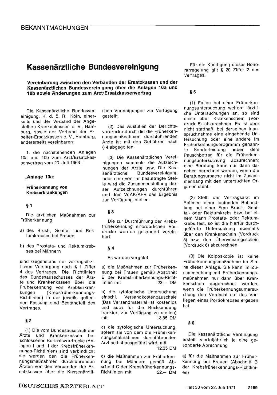 Vorschauseite 1: Vereinbarung zwischen den Verbänden der Ersatzkassen und der Kassenärztlichen Bundesvereinigung über die Anlagen 10a und 10b sowie Änderungen zum Arzt/Ersatzkassenvertrag