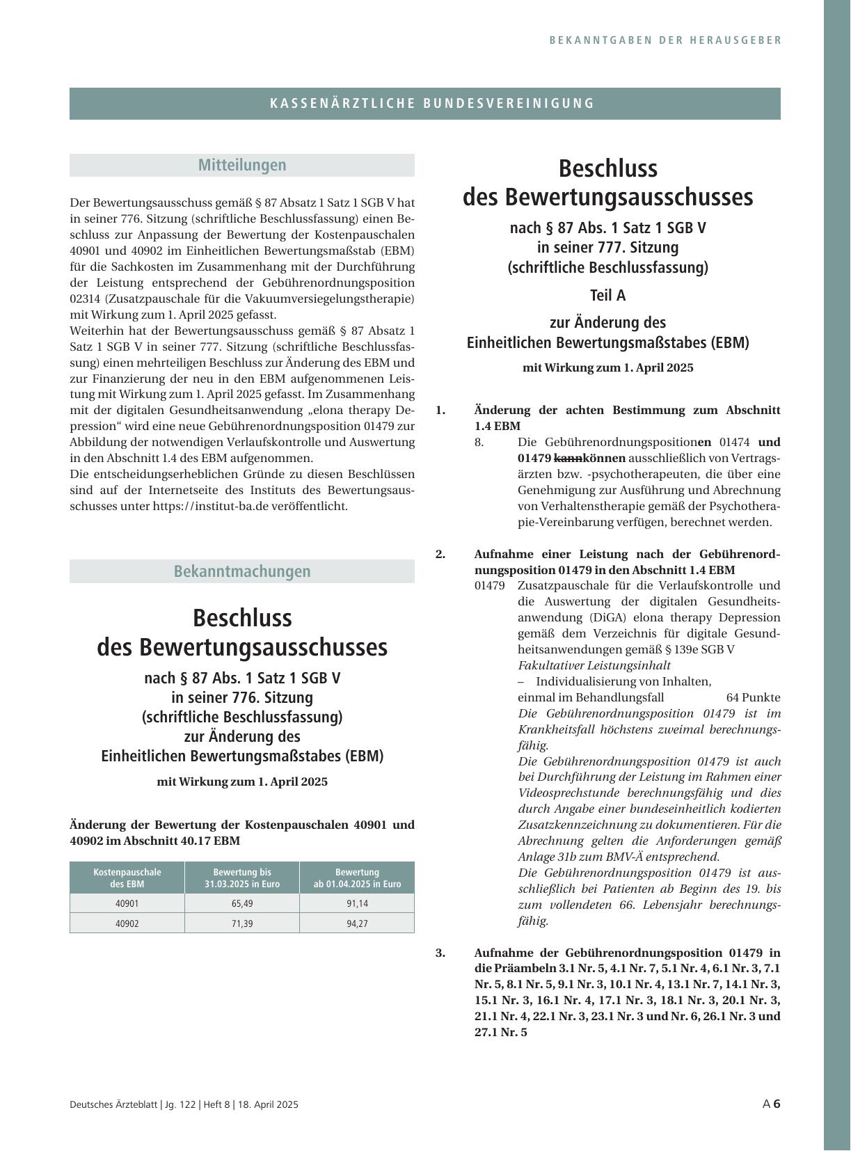 Vorschauseite 1: Beschluss des Bewertungsausschusses nach § 87 Abs. 1 Satz 1 SGB V in seiner 776. Sitzung (schriftliche Beschlussfassung) zur Änderung des Einheitlichen Bewertungsmaßstabes (EBM) u…