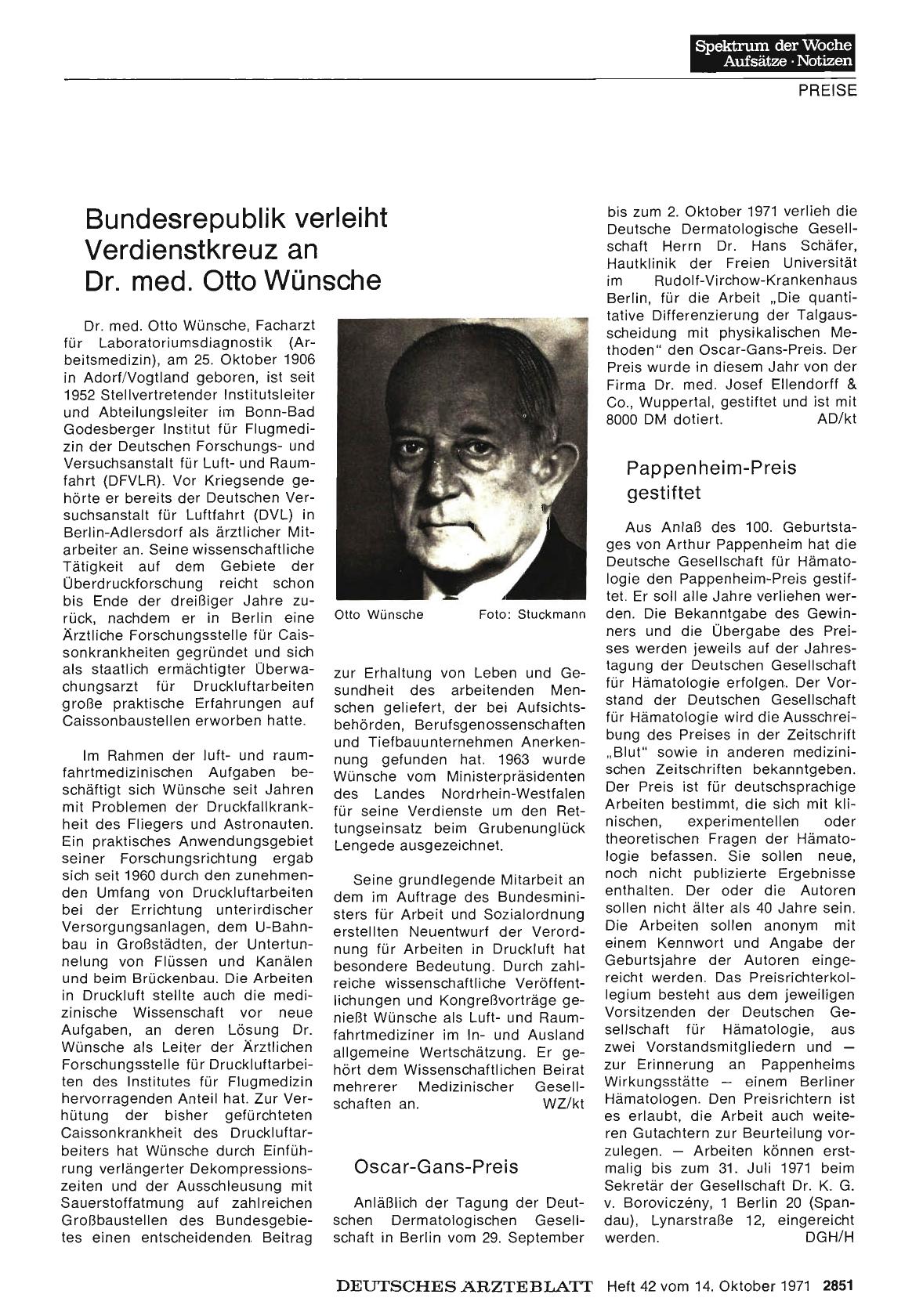 Vorschauseite 1: Bundesrepublik verleiht Verdienstkreuz an Dr. med. Otto Wünsche