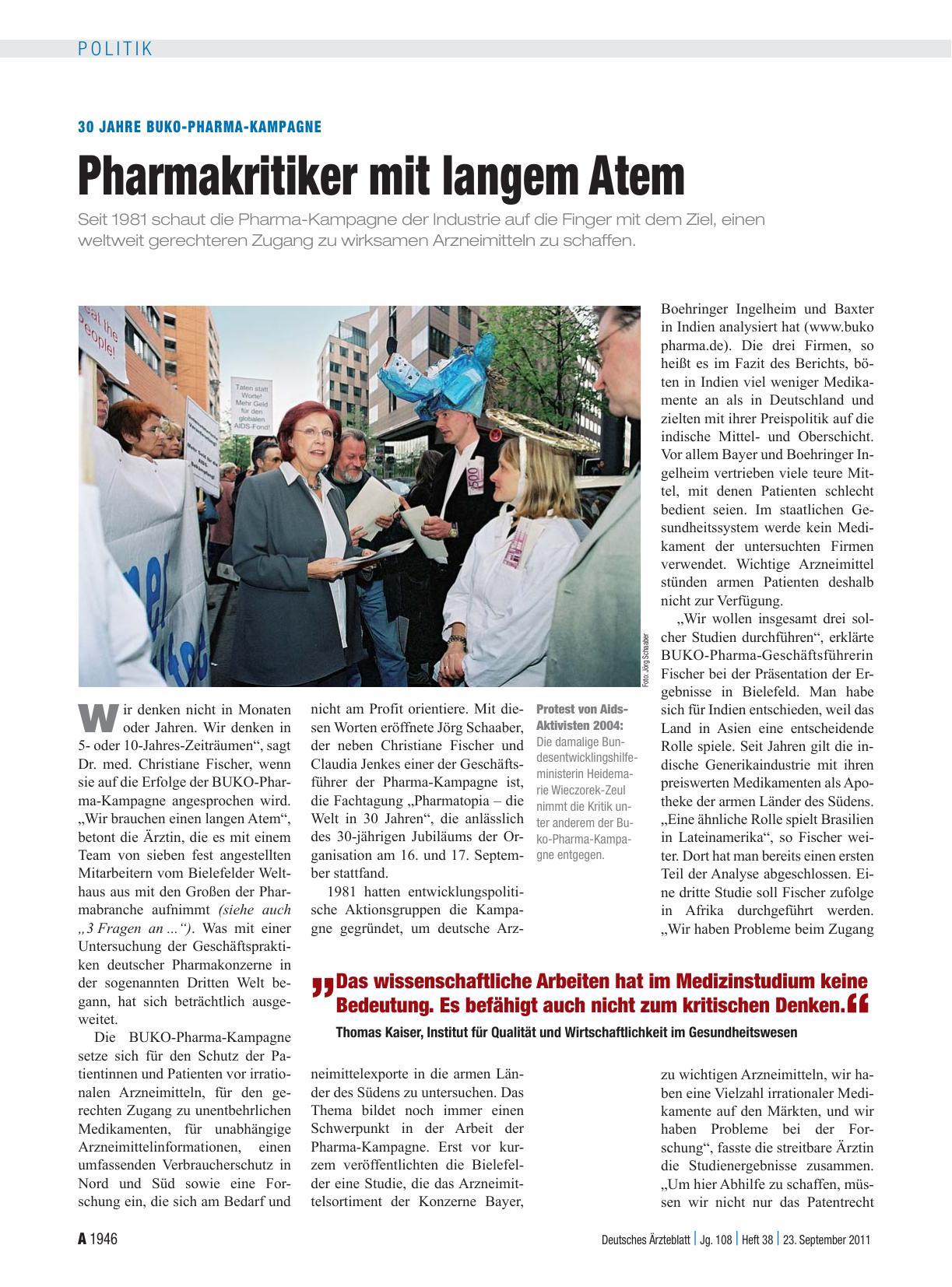 Vorschauseite 1: 30 Jahre BUKO-Pharma-Kampagne: Pharmakritiker mit langem Atem