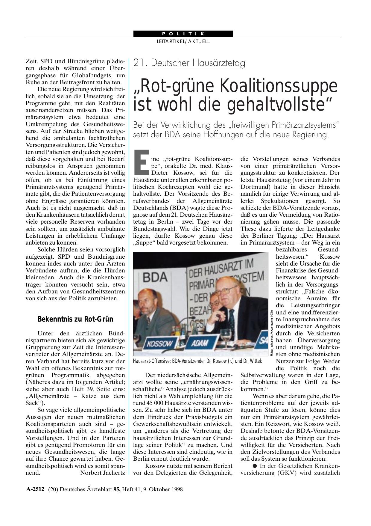 Vorschauseite 1: 21. Deutscher Hausärztetag: „Rot-grüne Koalitionssuppe ist wohl die gehaltvollste“