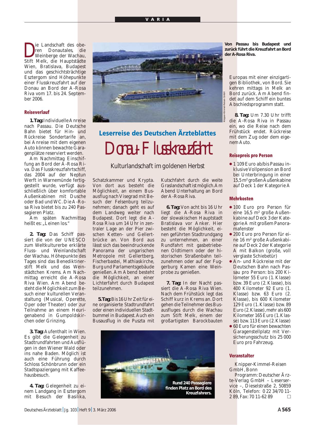 Vorschauseite 1: Leserreise des Deutschen Ärzteblattes: Donau-Flusskreuzfahrt – Kulturlandschaft im goldenen Herbst