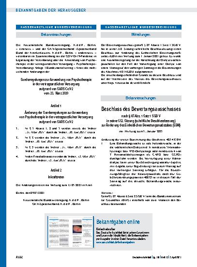 Vorschauseite 1: Sonderregelungen zur Anwendung von Psychotherapie in der vertragsärztlichen Versorgung aufgrund von SARS-CoV-2 vom 23. März 2020