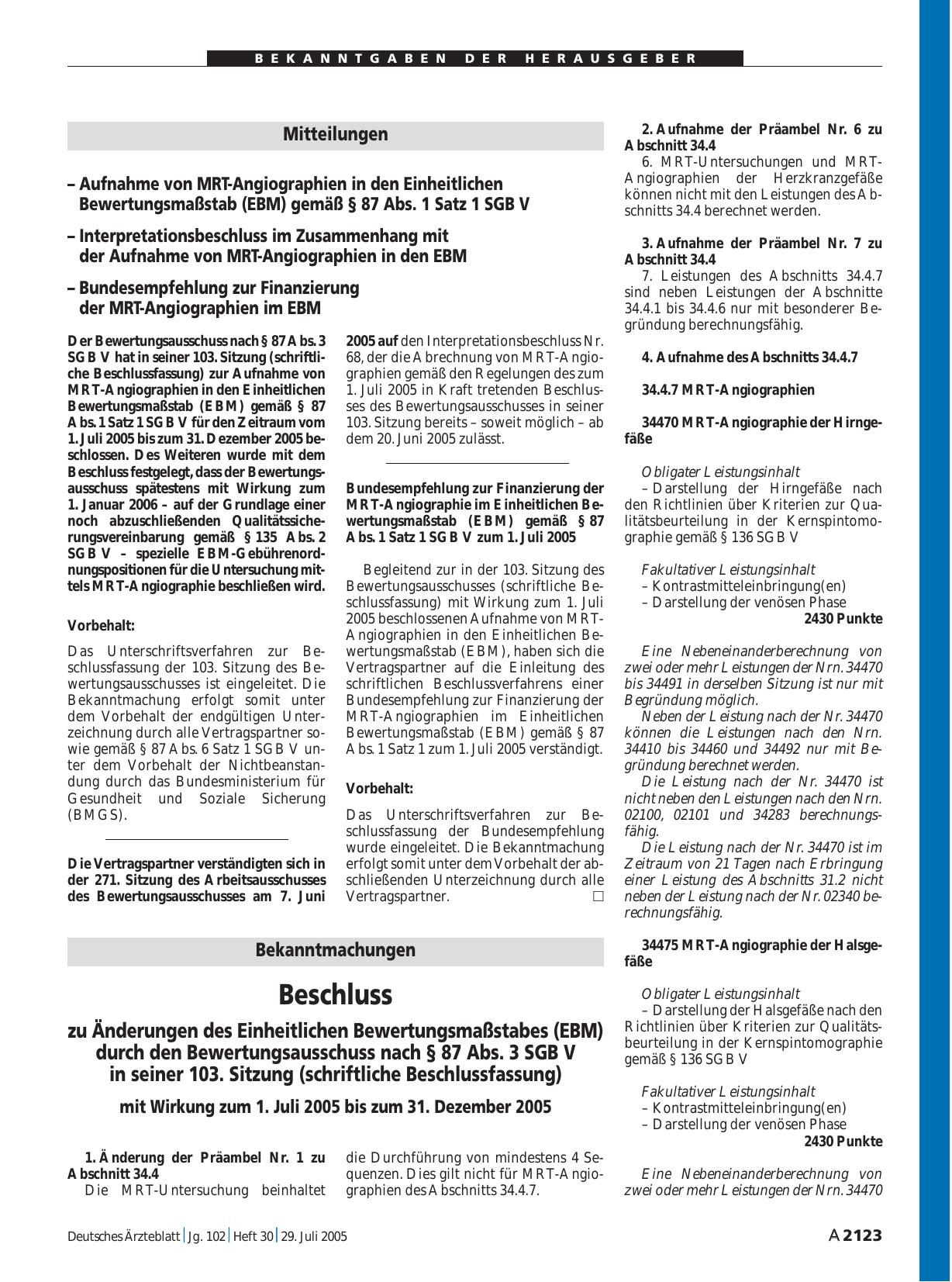Vorschauseite 1: Bekanntmachungen: Beschluss zu Änderungen des Einheitlichen Bewertungsmaßstabes (EBM) durch den Bewertungsausschuss nach § 87 Abs. 3 SGB V in seiner 103. Sitzung (schriftliche Bes…