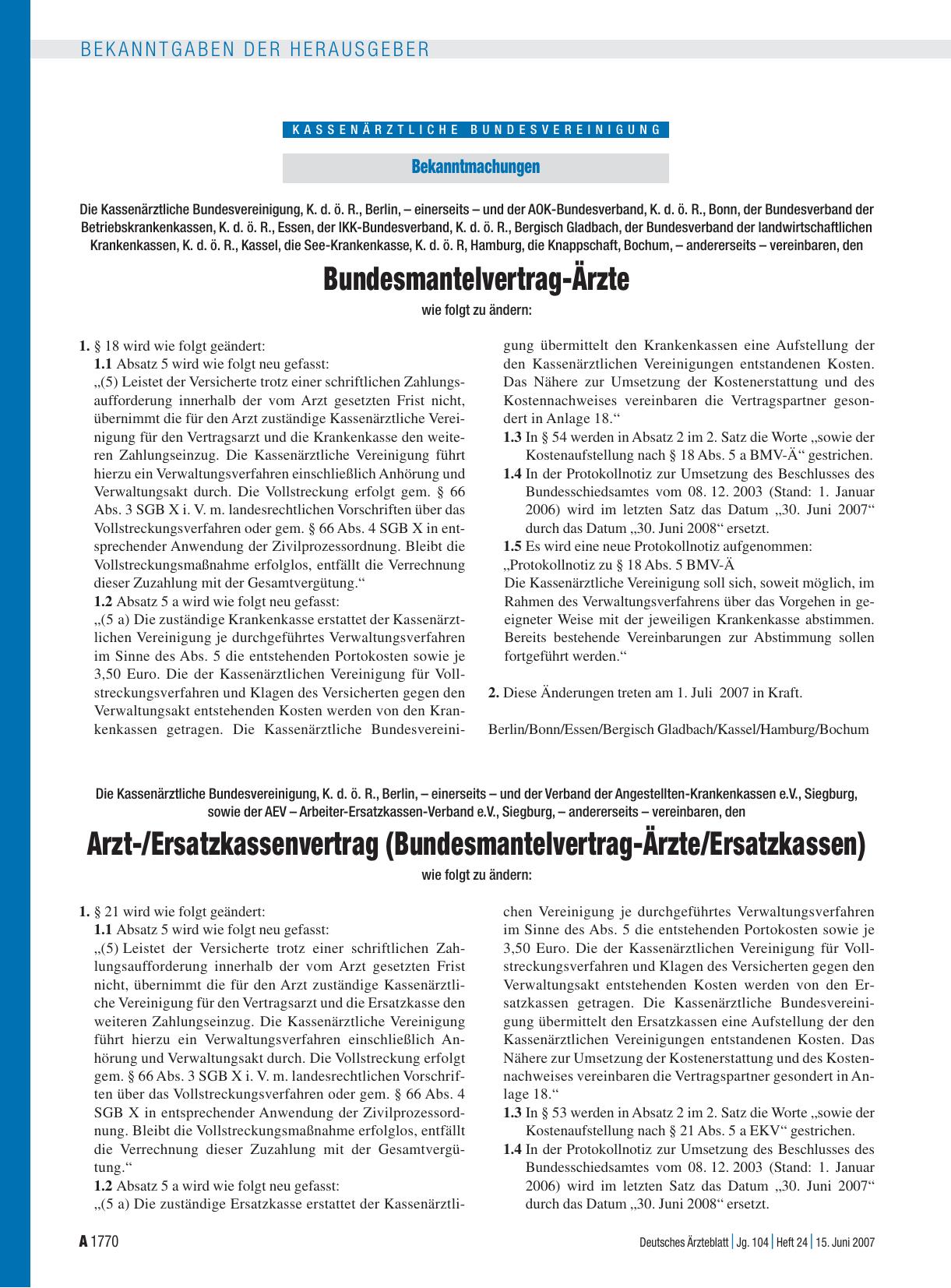 Vorschauseite 1: Die Kassenärztliche Bundesvereinigung, K. d. ö. R. , Berlin, – einerseits – und der Verband der Angestellten-Krankenkassen e. V. , Siegburg, sowie der AEV – Arbeiter-Ersatzkassen-…