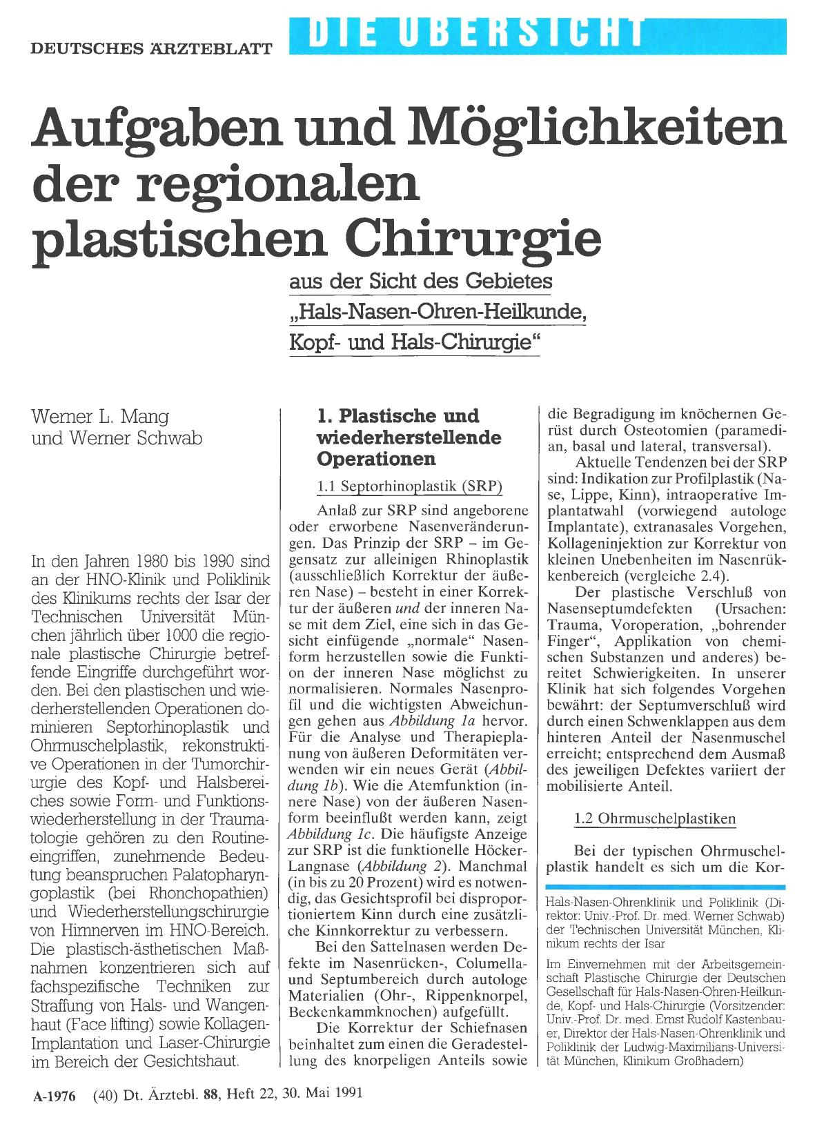 Vorschauseite 1: Aufgaben und Möglichkeiten der regionalen plastischen Chirurgie aus der Sicht des Gebietes „Hals-Nasen-Ohren-Heilkunde, Kopfund Hals-Chirurgie“