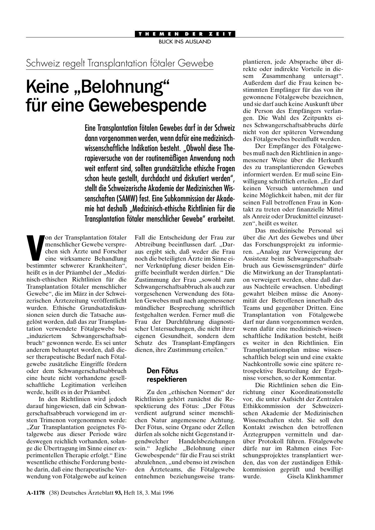 Vorschauseite 1: Schweiz regelt Transplantation fötaler Gewebe: Keine „Belohnung“ für eine Gewebespende
