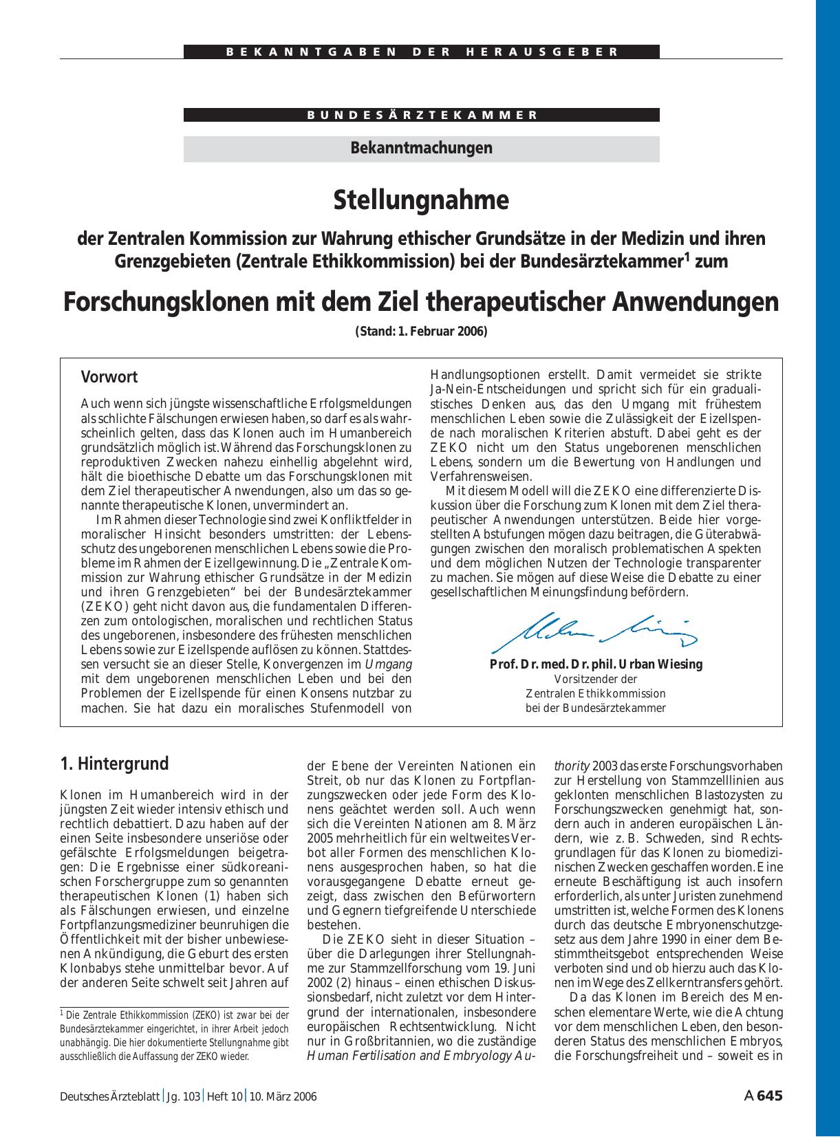 Vorschauseite 1: Bekanntmachungen: Stellungnahme der Zentralen Kommission zur Wahrung ethischer Grundsätze in der Medizin und ihren Grenzgebieten (Zentrale Ethikkommission) bei der Bundesärztekamm…