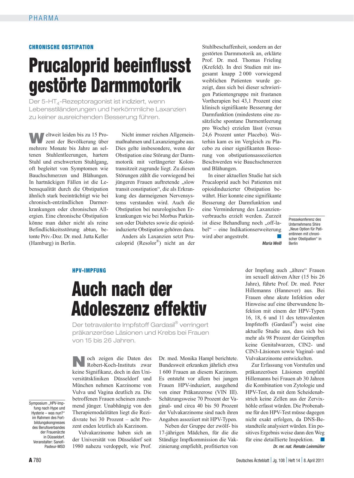 Vorschauseite 1: Chronische Obstipation: Prucaloprid beeinflusst gestörte Darmmotorik