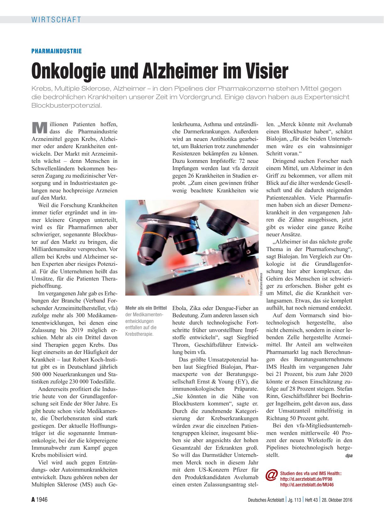 Vorschauseite 1: Pharmaindustrie: Onkologie und Alzheimer im Visier
