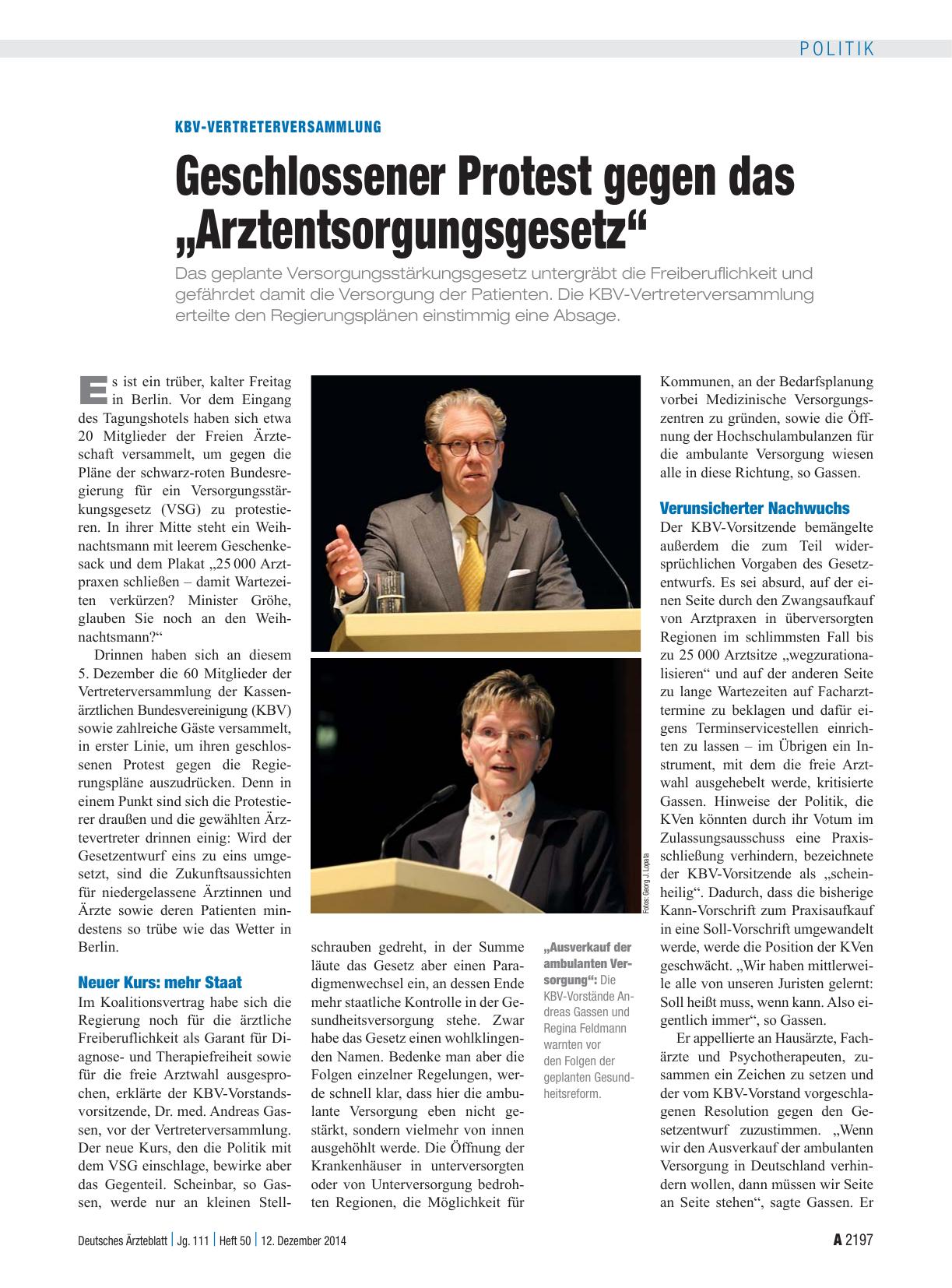 Vorschauseite 1: KBV-Vertreterversammlung: Geschlossener Protest gegen das „Arztentsorgungsgesetz“