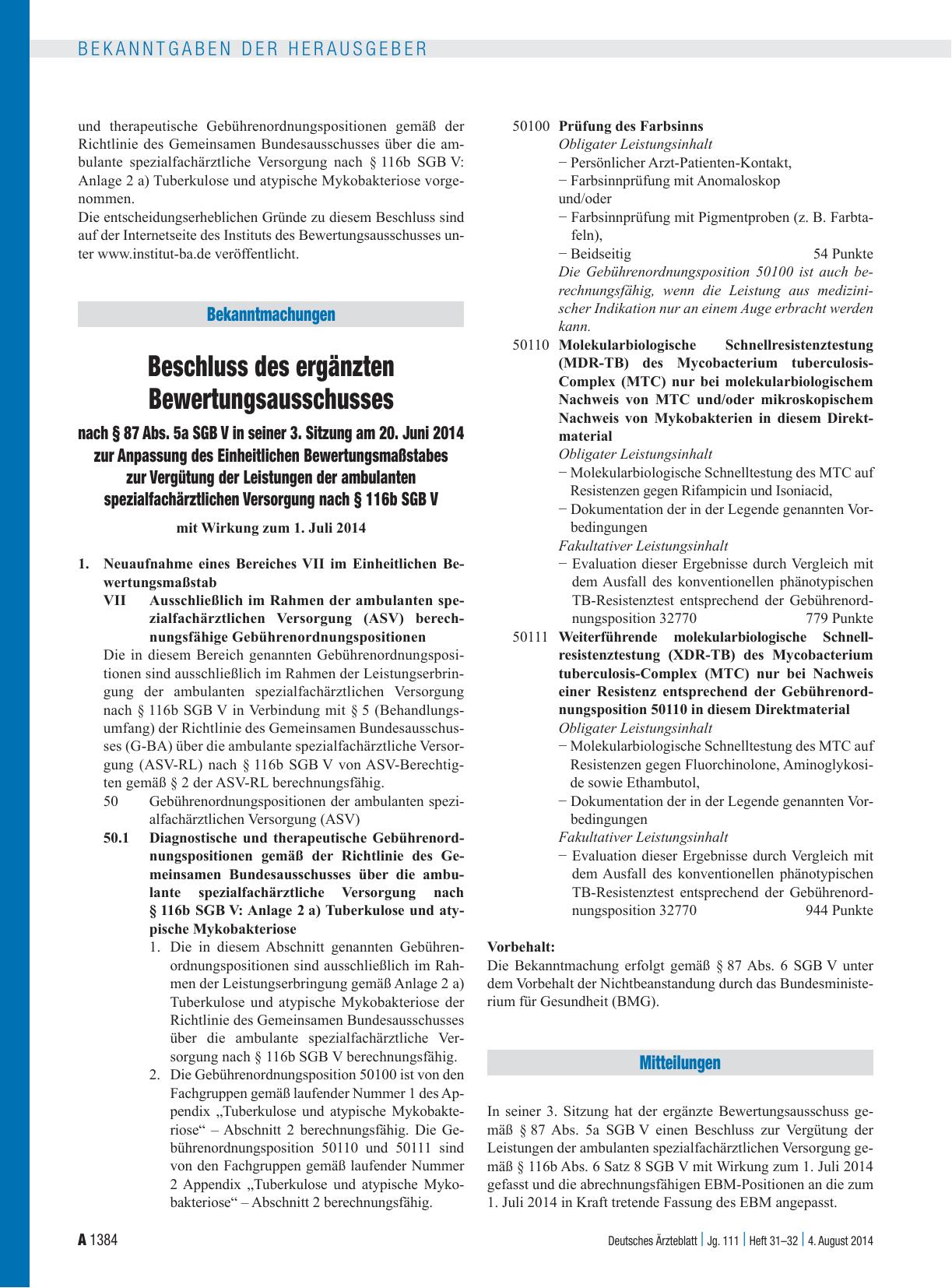 Vorschauseite 1: Beschluss des ergänzten Bewertungsausschusses nach § 87 Abs. 5a SGB V in seiner 3. Sitzung am 20. Juni 2014 zur Vergütung der Leistungen der ambulanten spezialfachärztlichen Verso…