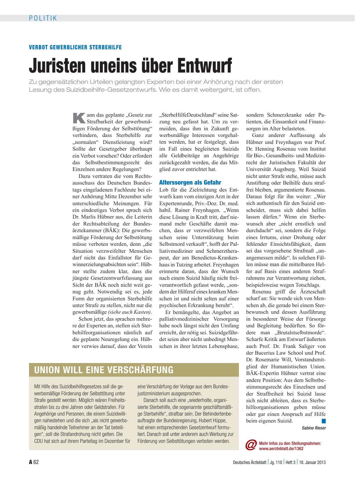 Vorschauseite 1: Verbot gewerblicher Sterbehilfe: Juristen uneins über Entwurf