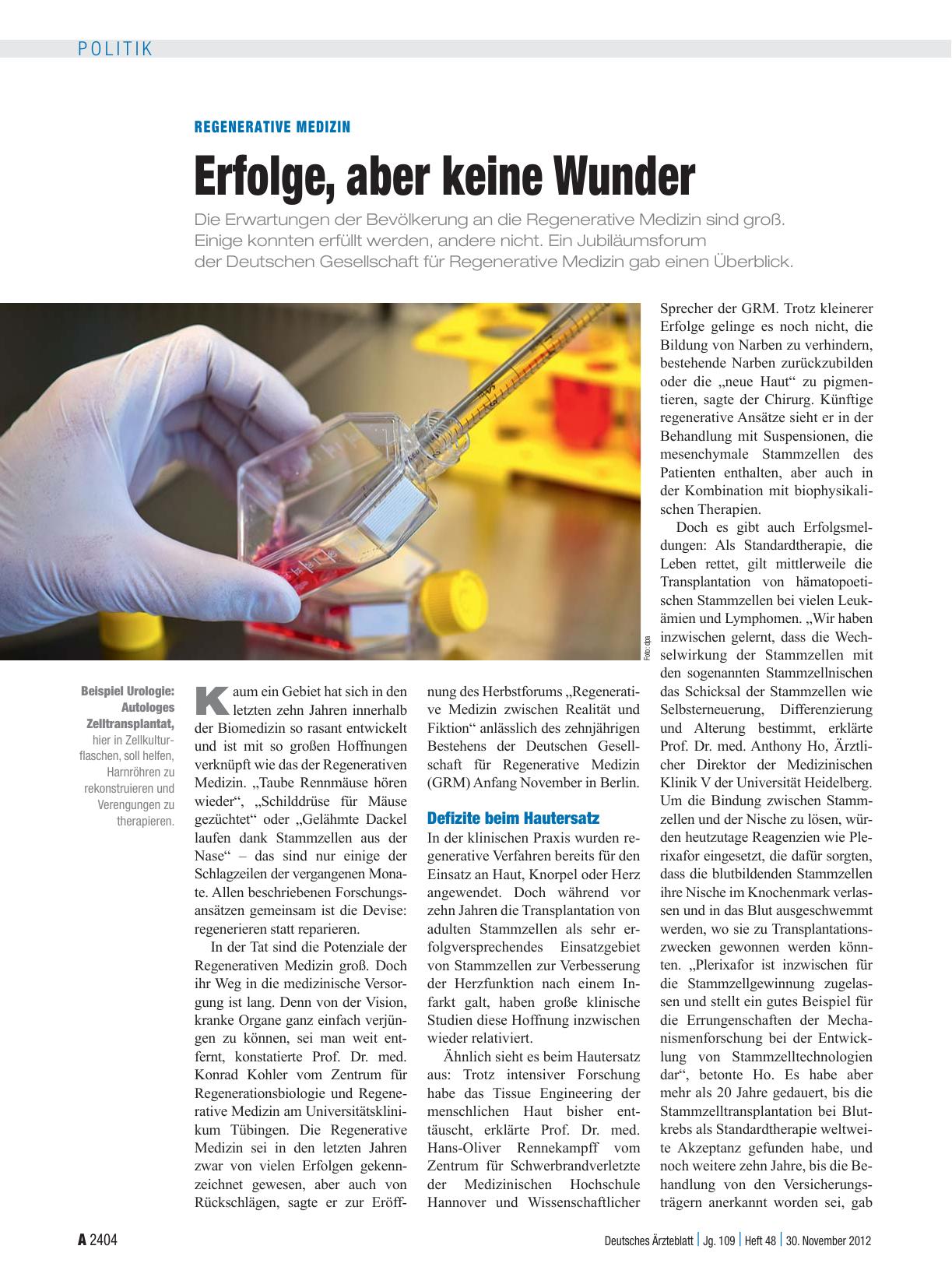 Vorschauseite 1: Regenerative Medizin: Erfolge, aber keine Wunder