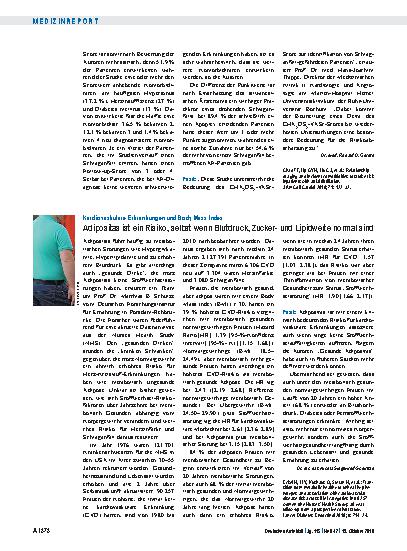 Vorschauseite 1: Kardiovaskuläre Erkrankungen und Body Mass Index: Adipositas ist ein Risiko, selbst wenn Blutdruck, Zuckerund Lipidwerte normal sind