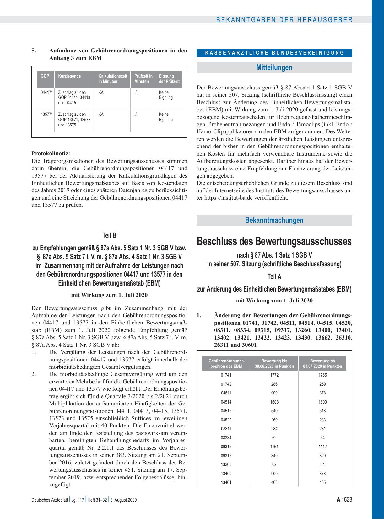 Vorschauseite 1: Beschluss des Bewertungsausschusses nach § 87 Abs. 1 Satz 1 SGB V in seiner 507. Sitzung (schriftliche Beschlussfassung)