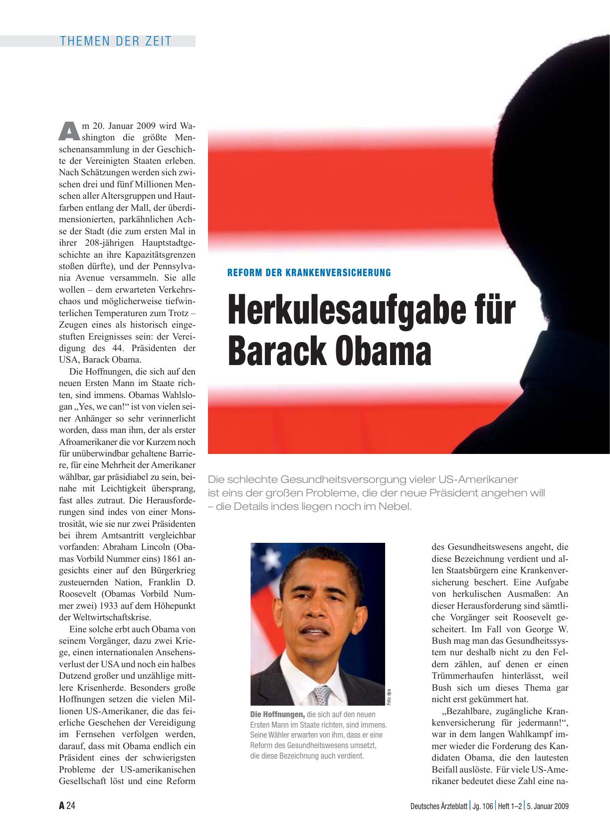 Vorschauseite 1: Reform der Krankenversicherung: Herkulesaufgabe für Barack Obama