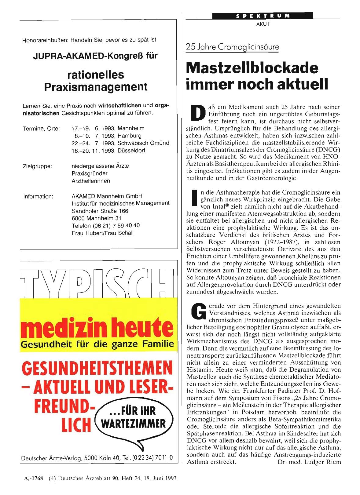 Vorschauseite 1: 25 Jahre Cromoglicinsäure: Mastzellblockade immer noch aktuell