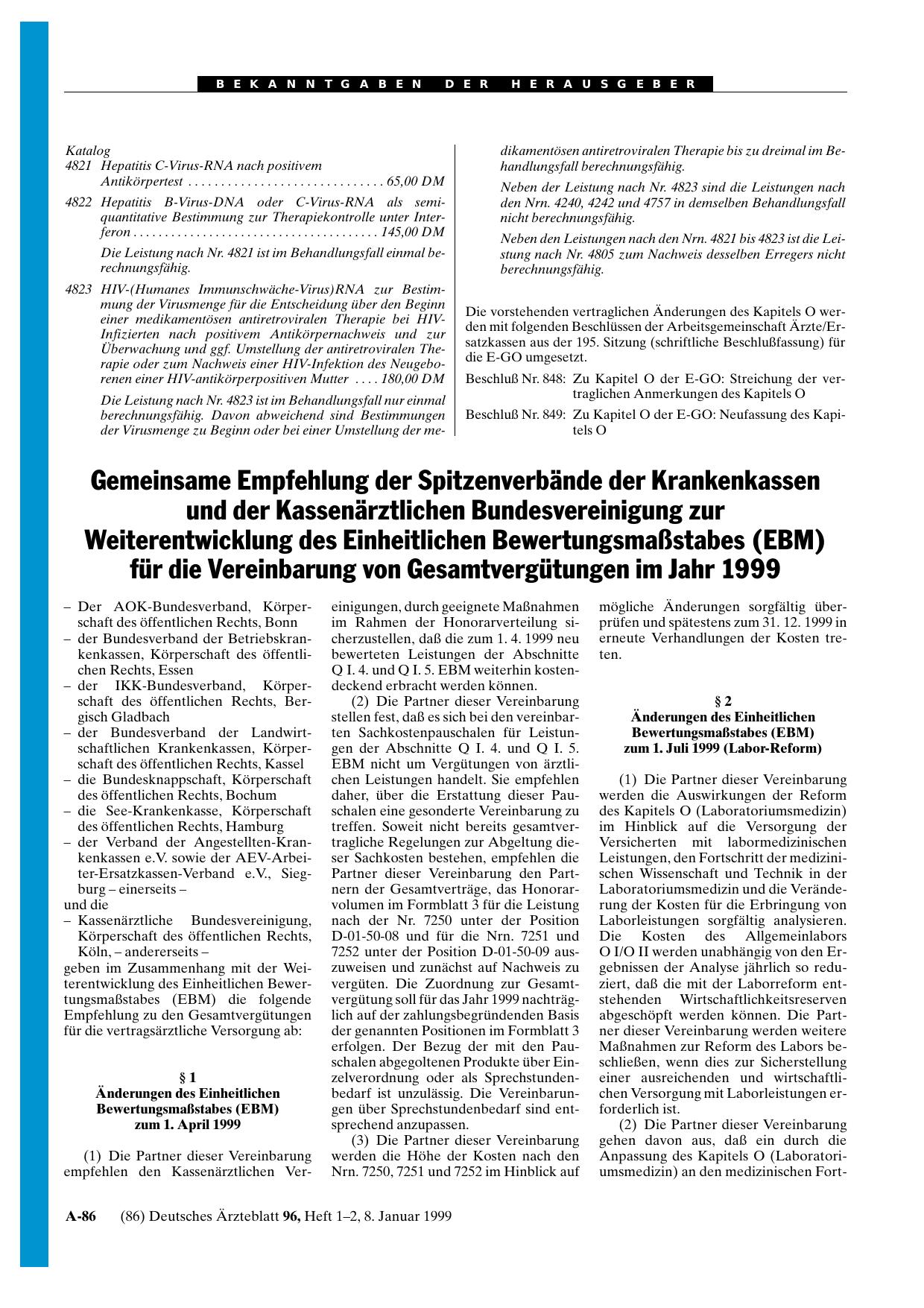 Vorschauseite 1: Gemeinsame Empfehlung der Spitzenverbände der Krankenkassen und der Kassenärztlichen: Bundesvereinigung zur Weiterentwicklung des Einheitlichen Bewertungsmaßstabes (EBM) für die V…