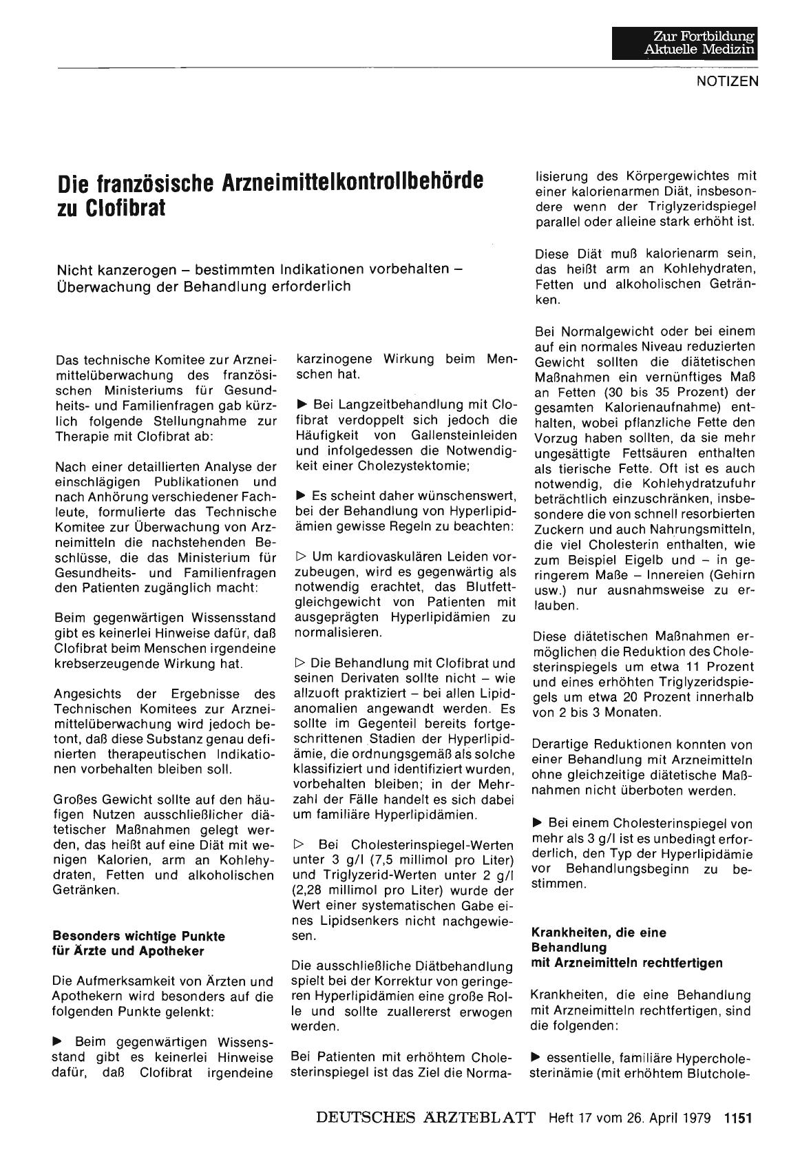 Vorschauseite 1: Die französische Arzneimittelkontrollbehörde zu Clofibrat