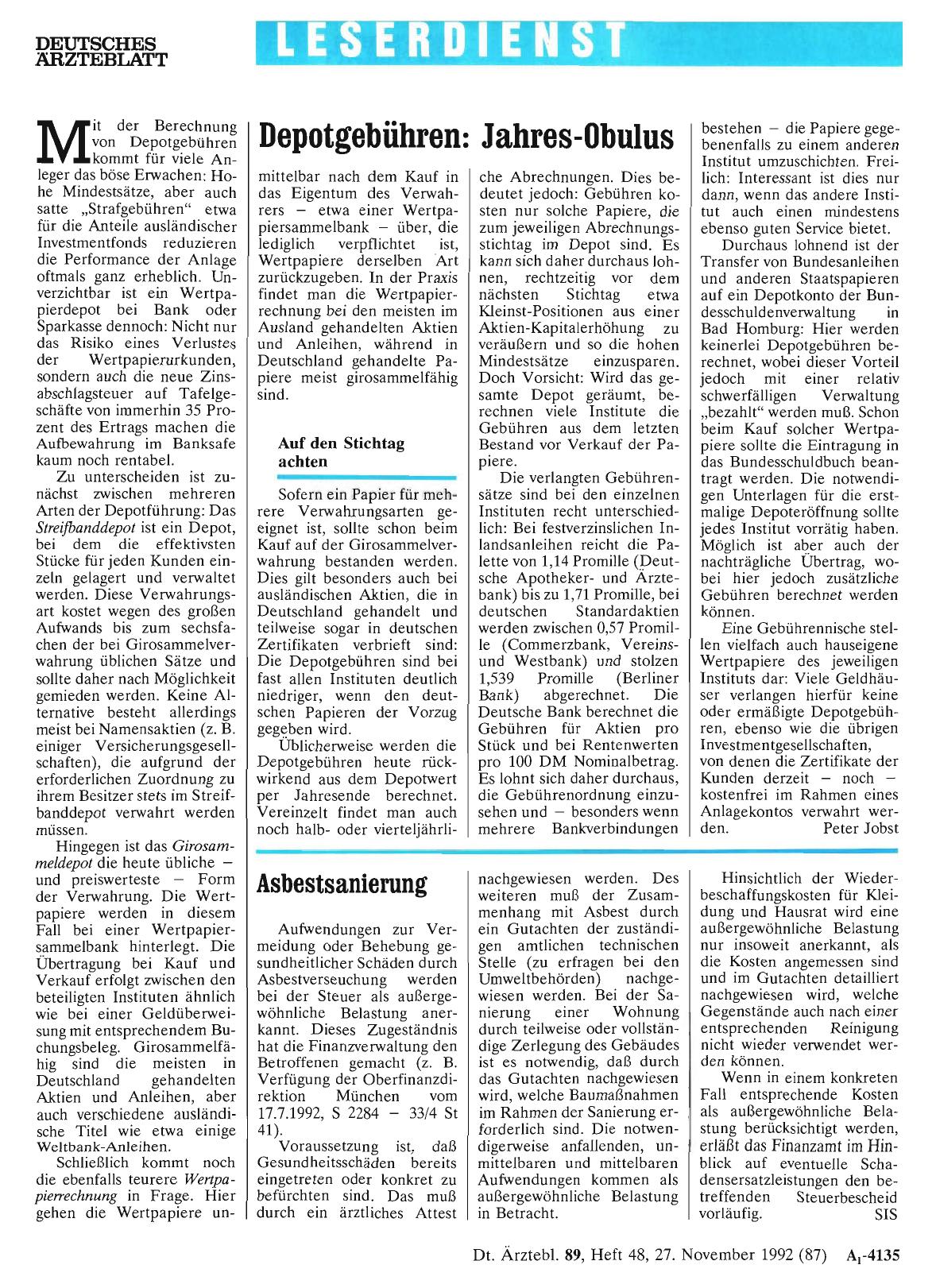 Vorschauseite 1: Depotgebühren: Jahres-Obulus