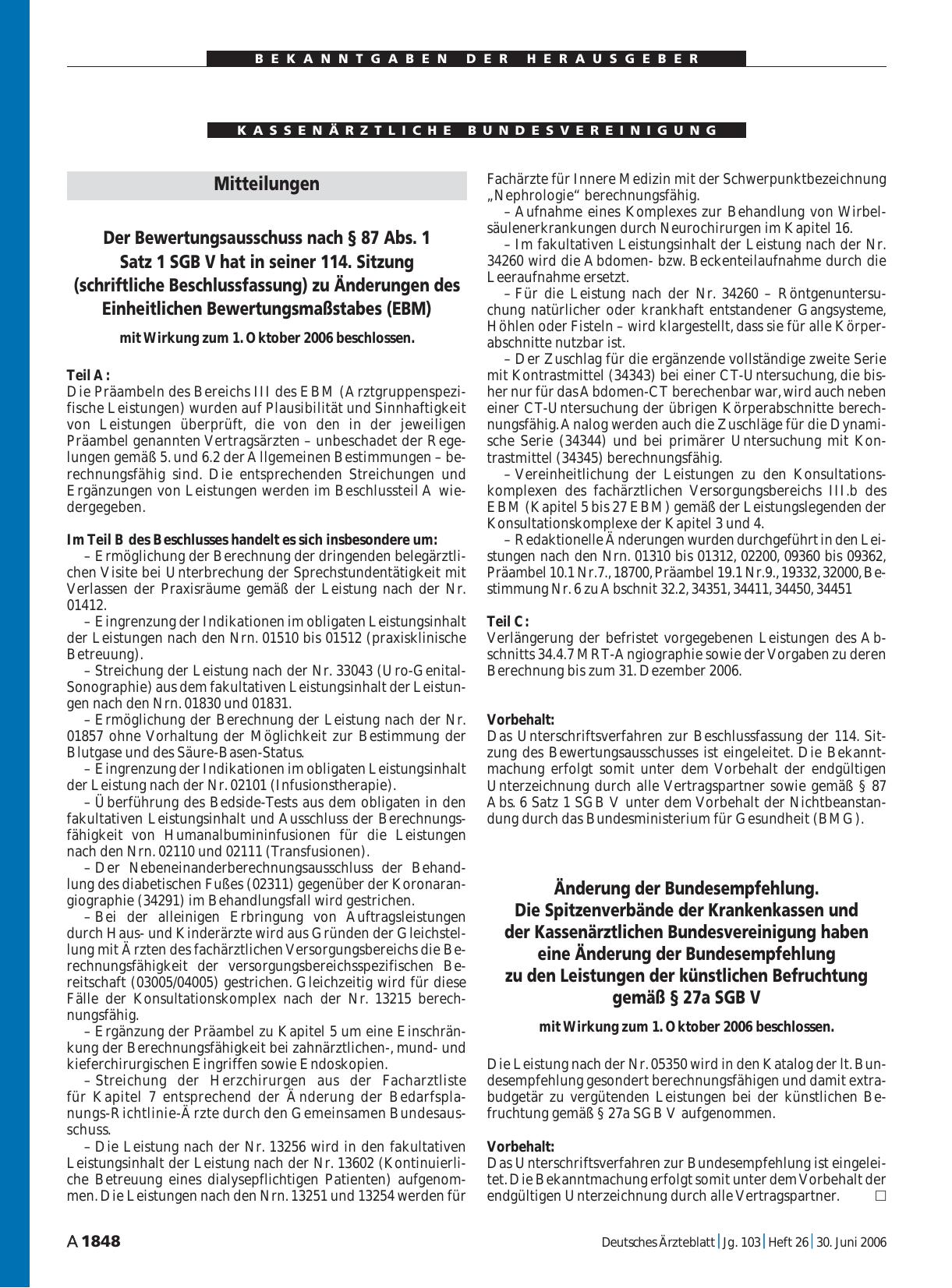 Vorschauseite 1: Änderung der Bundesempfehlung. Die Spitzenverbände der Krankenkassen und der Kassenärztlichen Bundesvereinigung haben eine Änderung der Bundesempfehlung zu den Leistungen der küns…