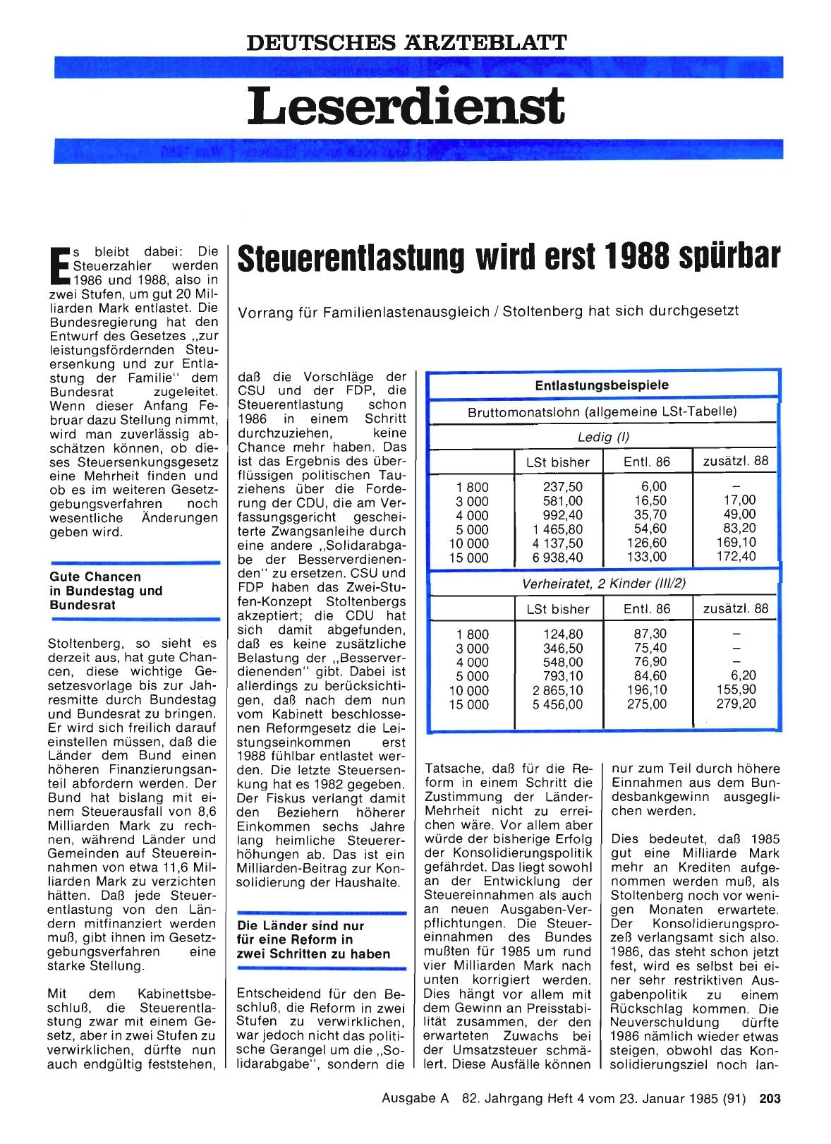 Vorschauseite 1: Steuerentlastung wird erst 1988 spürbar