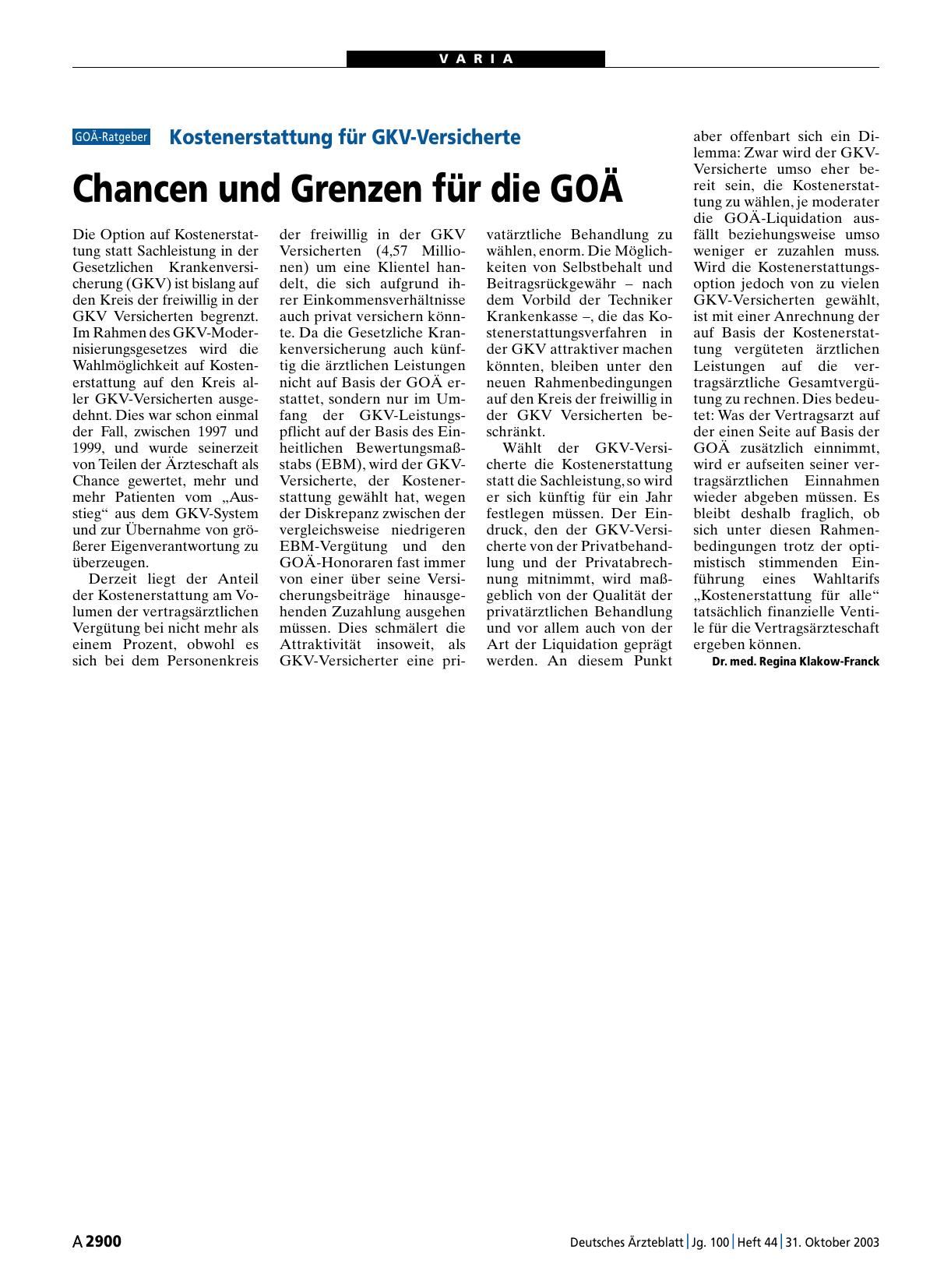 Vorschauseite 1: Kostenerstattung für GKV-Versicherte: Chancen und Grenzen für die GOÄ
