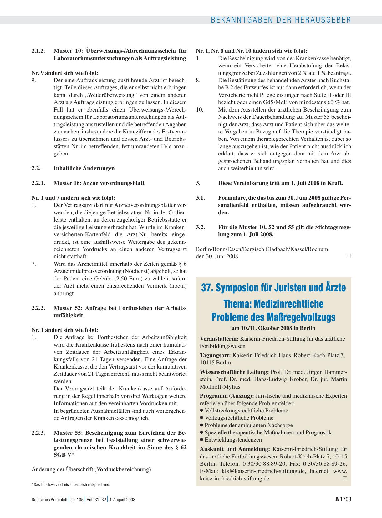 Vorschauseite 1: 37. Symposion für Juristen und Ärzte – Thema: Medizinrechtliche Probleme des Maßregelvollzugs am 10. /11. Oktober 2008 in Berlin