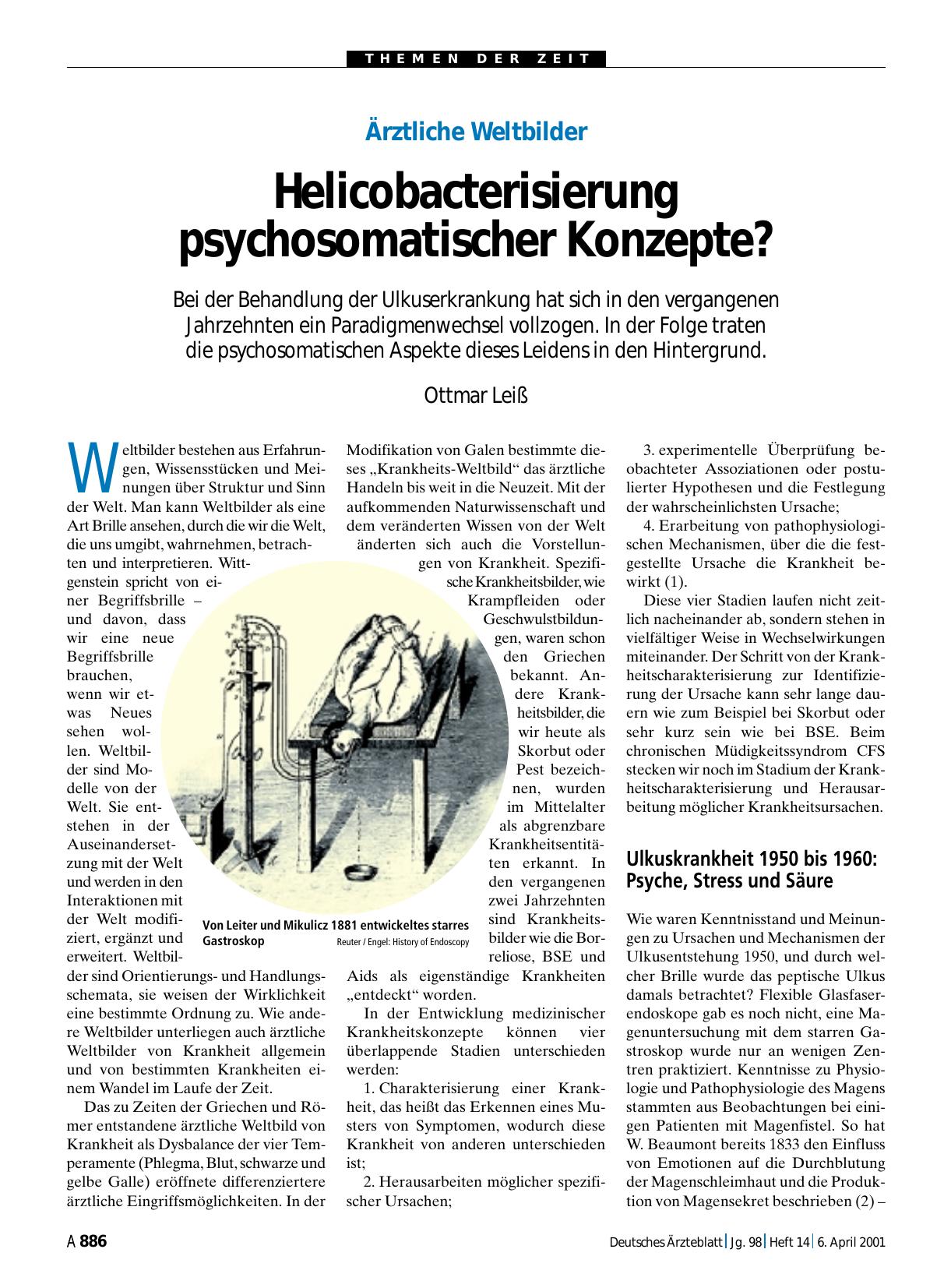 Vorschauseite 1: Ärztliche Weltbilder: Helicobacterisierung psychosomatischer Konzepte?