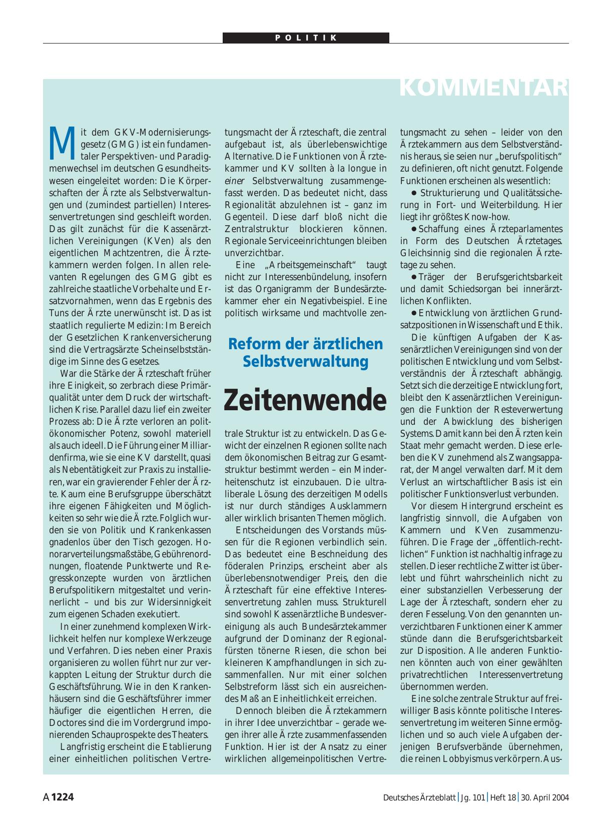 Vorschauseite 1: Reform der ärztlichen Selbstverwaltung: Zeitenwende