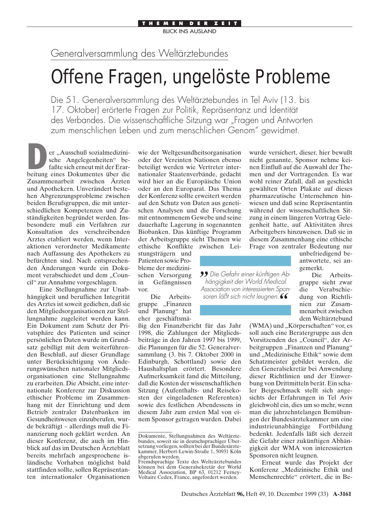 Vorschauseite 1: Generalversammlung des Weltärztebundes: Offene Fragen, ungelöste Probleme