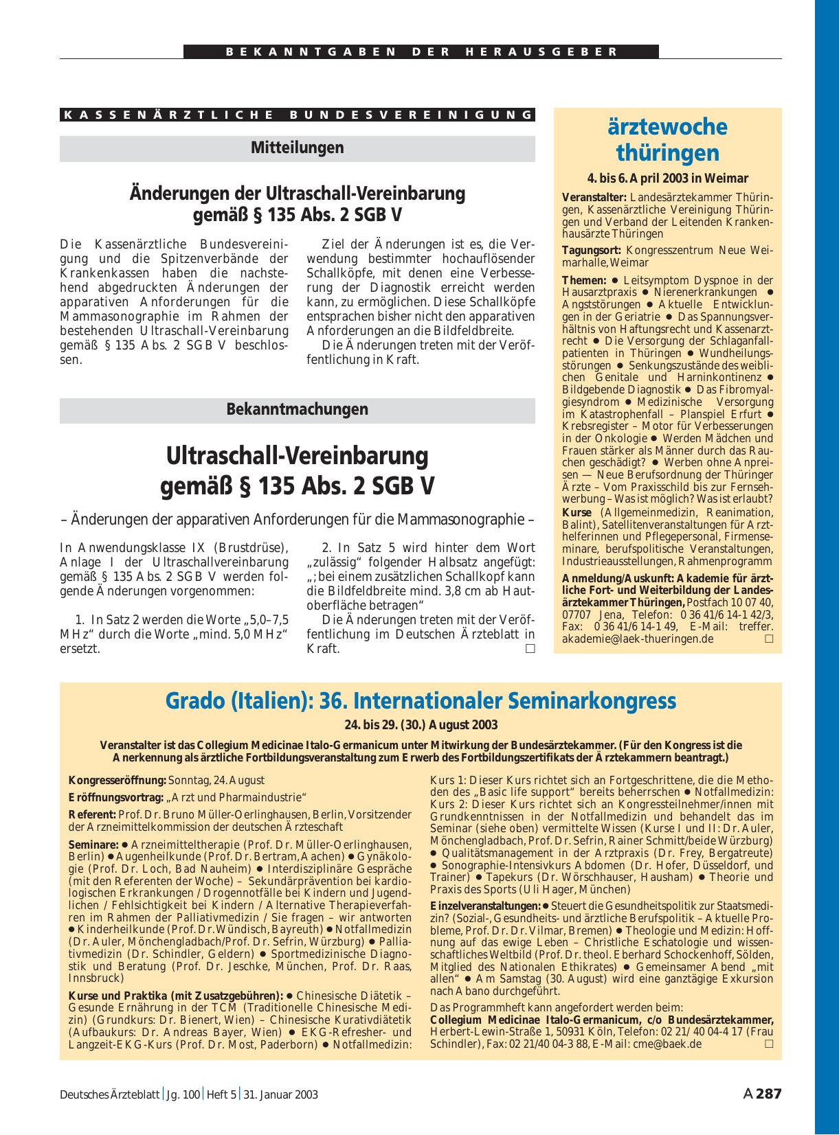 Vorschauseite 1: Bekanntmachungen: Ultraschall-Vereinbarung gemäß § 135 Abs. 2 SGB V