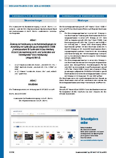 Vorschauseite 1: Änderung der Vereinbarung zu den Rahmenbedingungen der Abrechnung von Sachkosten aus dem Abschnitt 40. 12 EBM „Kostenpauschalen für Sachkosten im Zusammenhang mit der Kryokonservi…