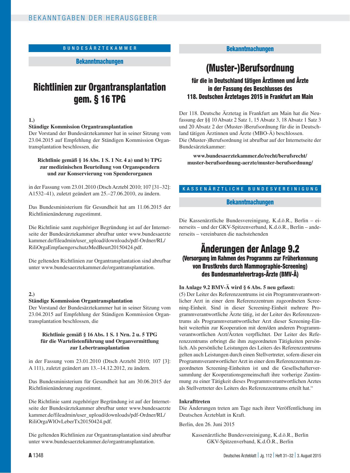 Vorschauseite 1: Änderungen der Anlage 9. 2 (Versorgung im Rahmen des Programms zur Früherkennung von Brustkrebs durch Mammographie-Screening) des Bundesmantelvertrags-Ärzte (BMV-Ä)