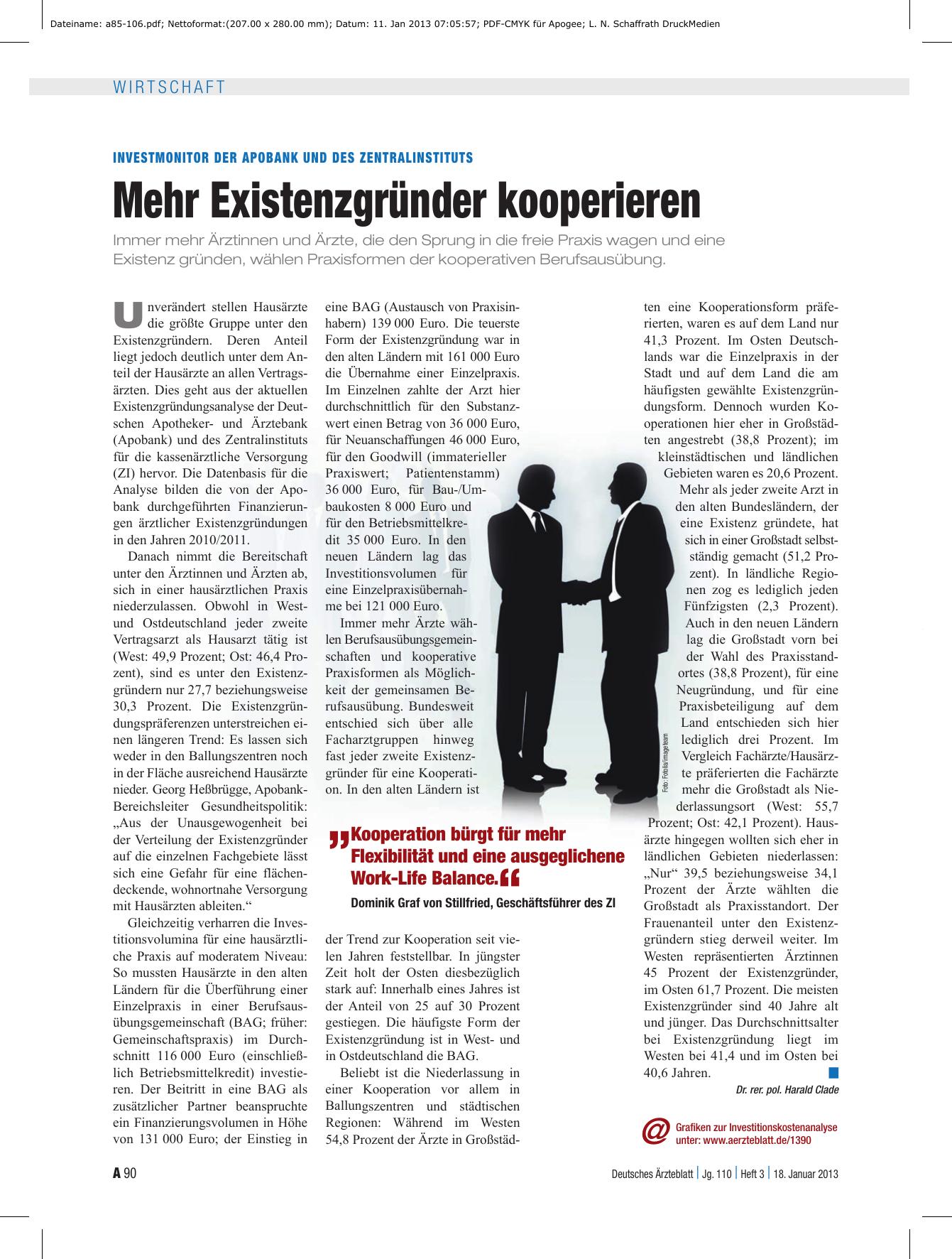 Vorschauseite 1: Investmonitor der Apobank und des Zentralinstituts: Mehr Existenzgründer kooperieren