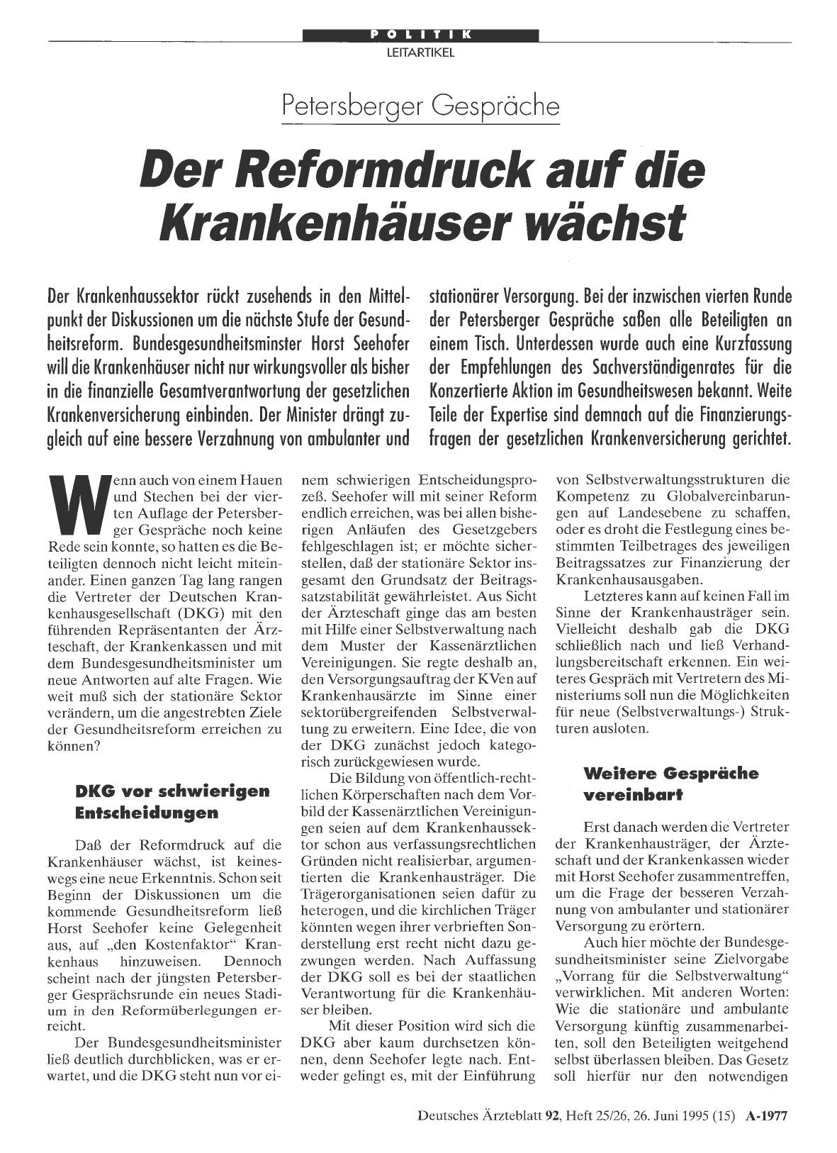 Vorschauseite 1: Petersberger Gespräche: Der Reformdruck auf die Krankenhäuser wächst
