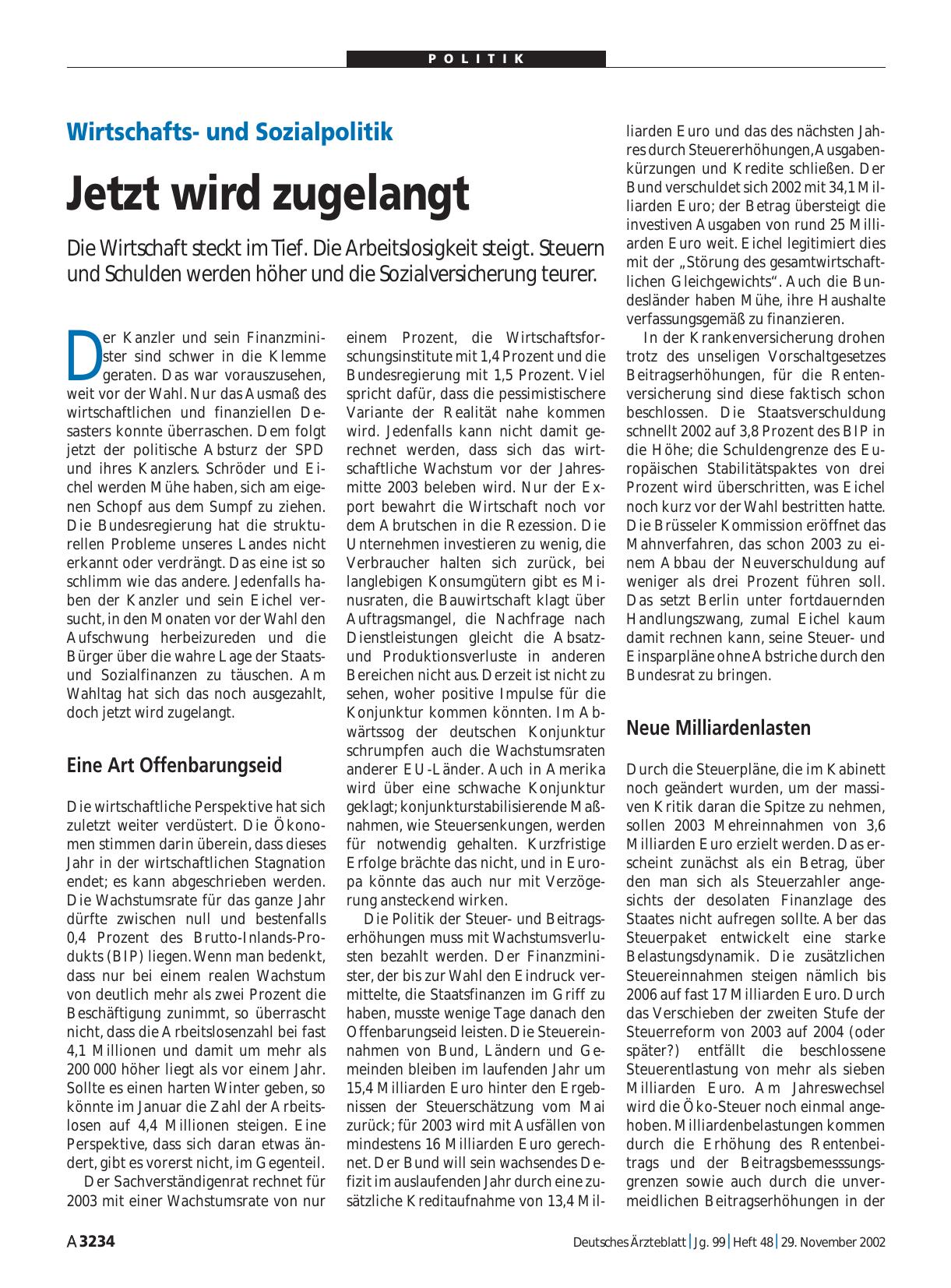 Vorschauseite 1: Wirtschaftsund Sozialpolitik: Jetzt wird zugelangt