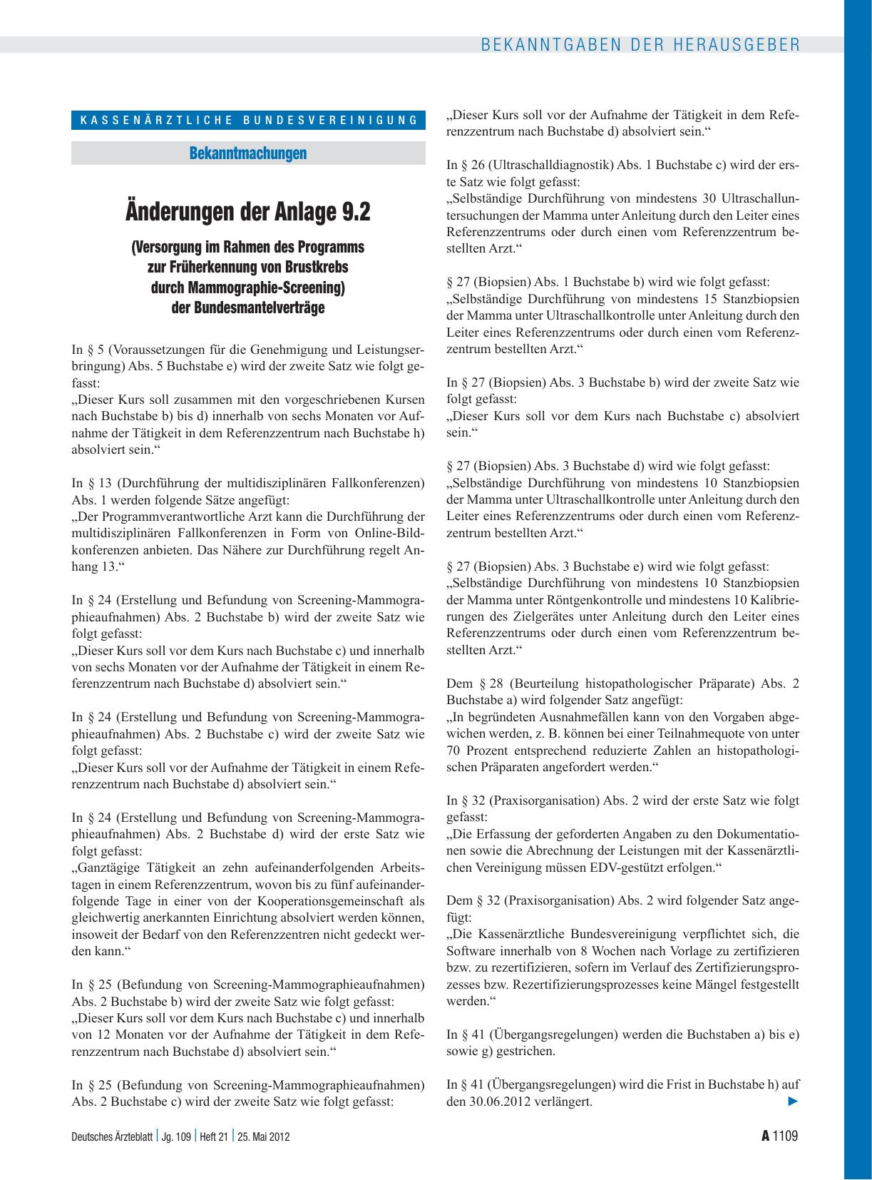 Vorschauseite 1: Änderungen der Anlage 9. 2 (Versorgung im Rahmen des Programms zur Früherkennung von Brustkrebs durch Mammographie-Screening) der Bundesmantelverträge
