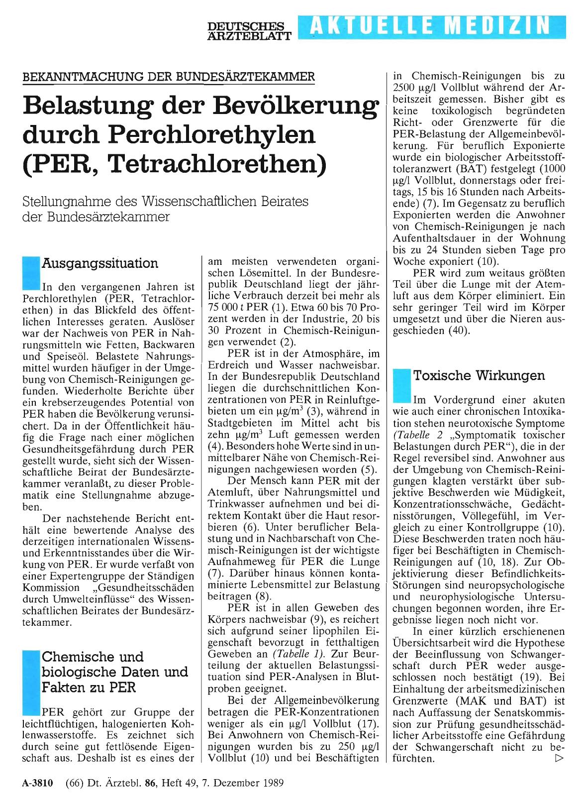 Vorschauseite 1: BEKANNTMACHUNG DER BUNDESÄRZTEKAMMER: Belastung der Bevölkerung durch Perchlorethylen (PER, Tetrachlorethen) - Stellungnahme des Wissenschaftlichen Beirates der Bundesärztekammer
