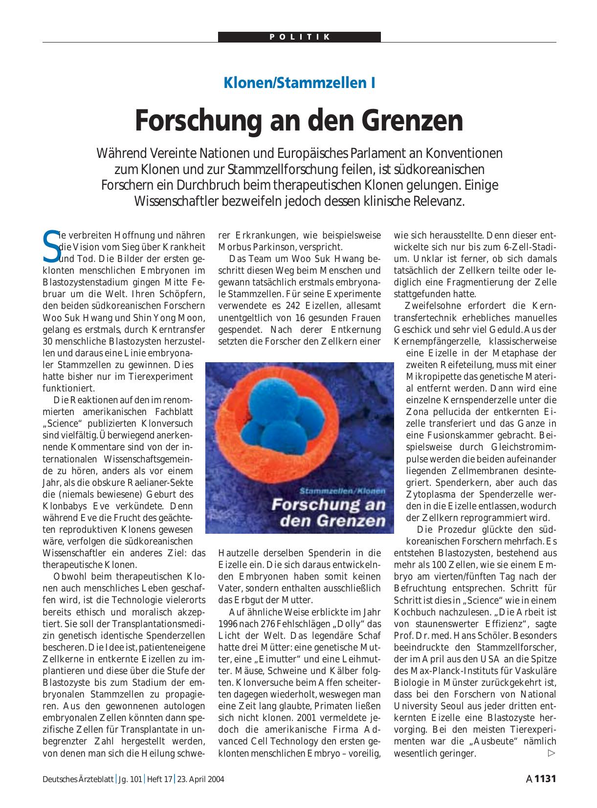 Vorschauseite 1: Klonen/Stammzellen I: Forschung an den Grenzen